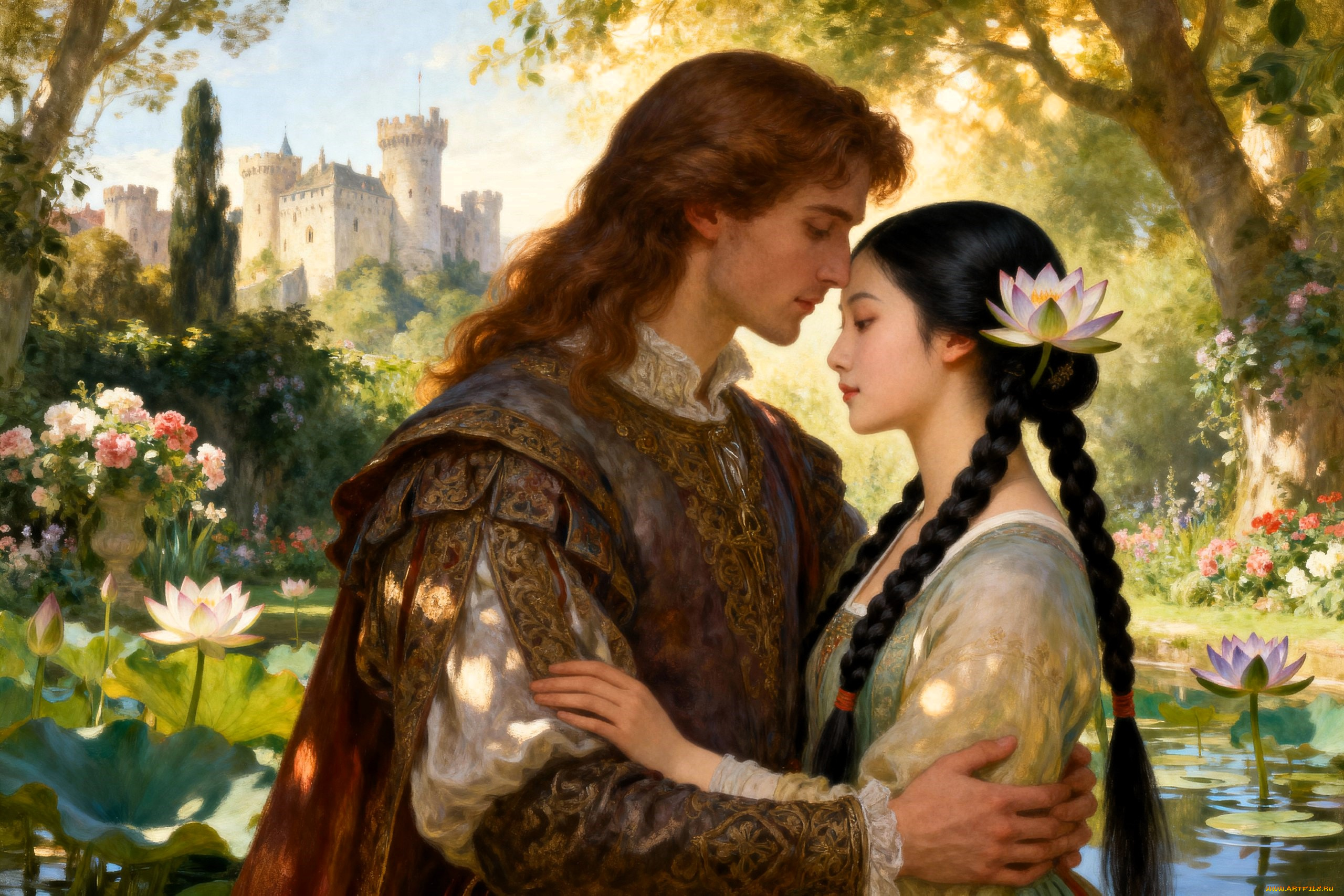 фэнтези, люди, принц, девушка, лотосы, косы, замок, озеро, парк