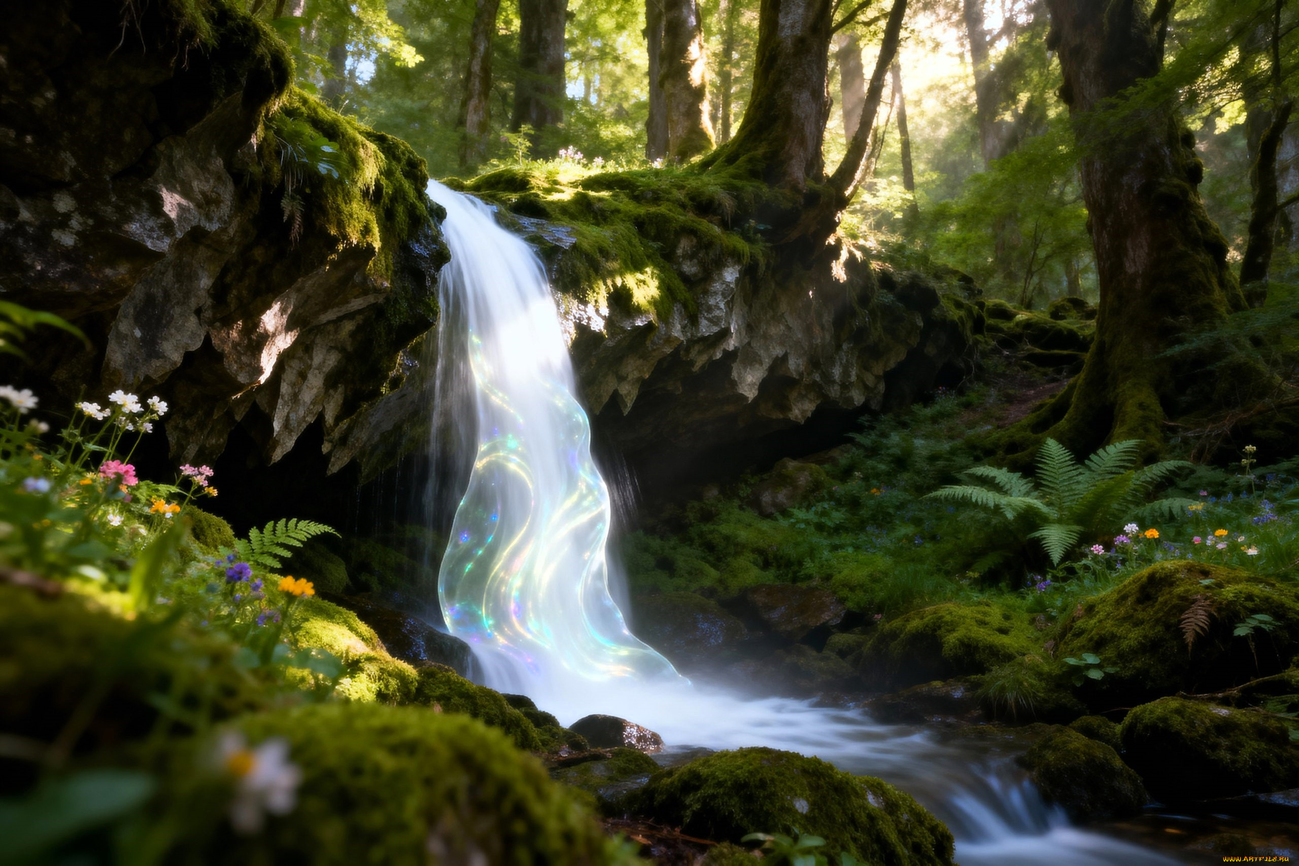 разное, компьютерный, дизайн, лес, мох, овраг, водопад, цветы