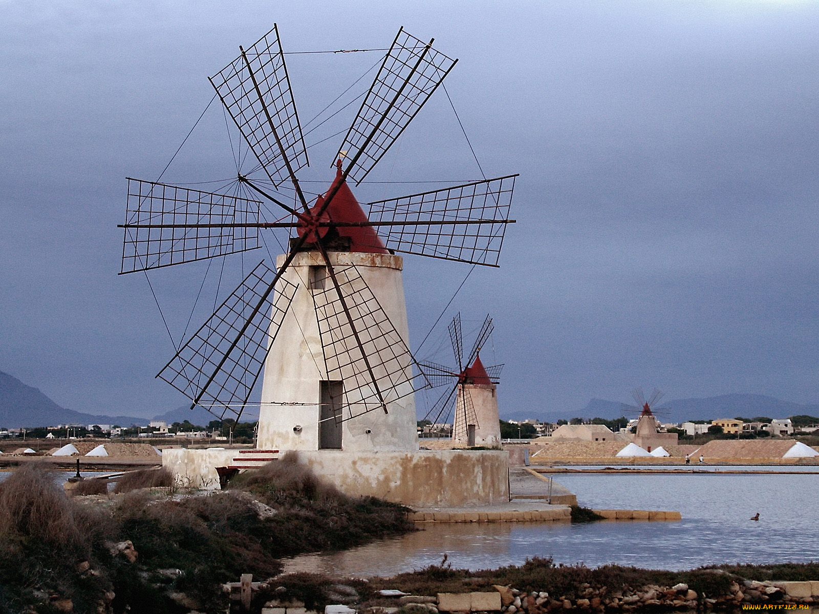 windmills, at, infersa, salt, pans, marsala, sicily, italy, города