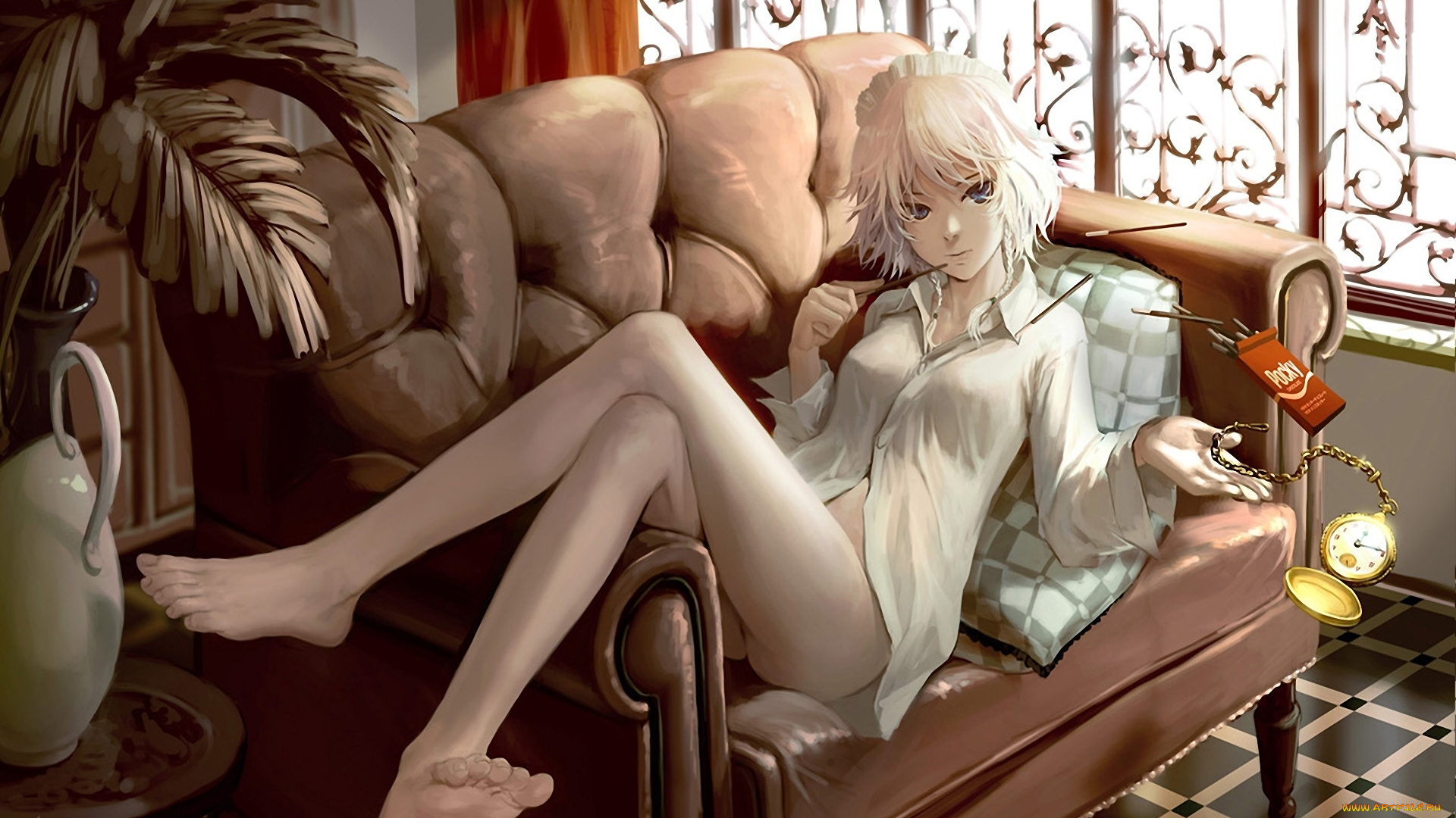 аниме, touhou, диван, часы, подушка, печенье, девушка, izayoi, sakuya, шоколадные, палочки, комната, пачка, рубашка