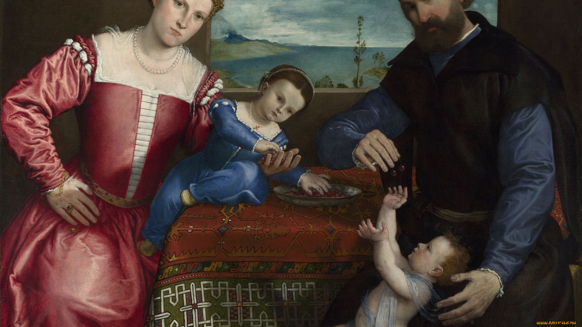 lorenzo, lotto, portrait, of, giovanni, della, volta, with, his, wife, and, children, рисованные