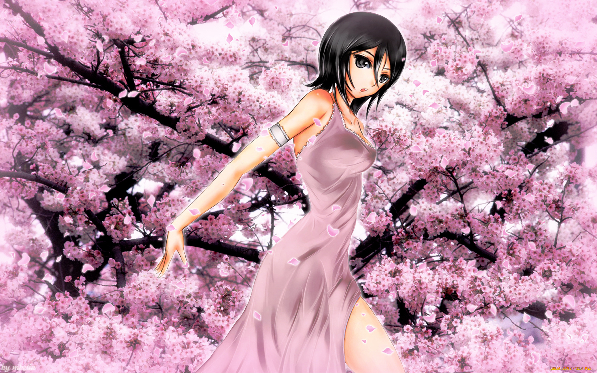 аниме, bleach, розовый, цвет, цветение, сакура, rukia, kuchiki