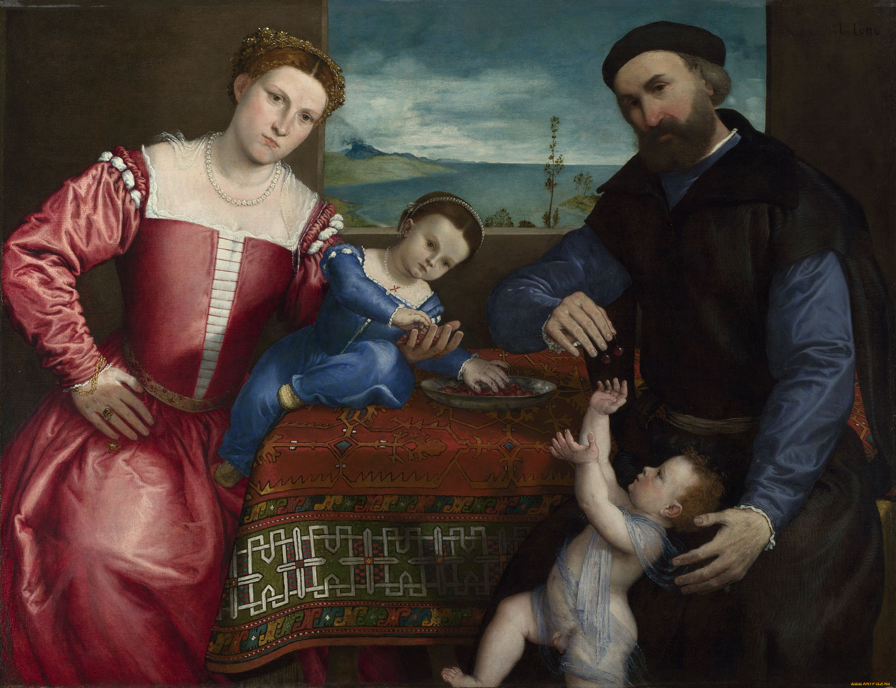 lorenzo, lotto, portrait, of, giovanni, della, volta, with, his, wife, and, children, рисованные