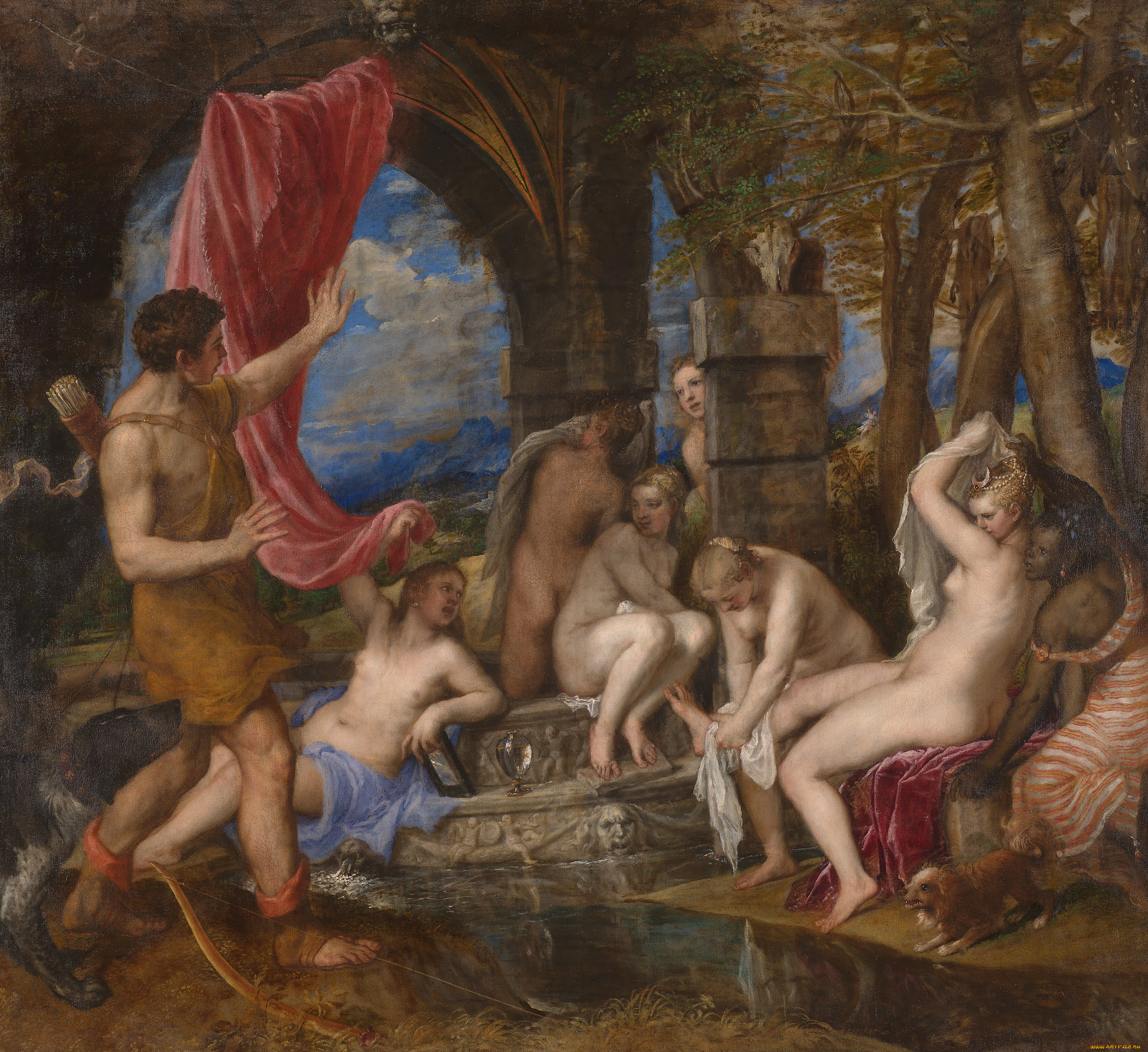 titian, diana, and, actaeon, рисованные, tiziano, vecellio