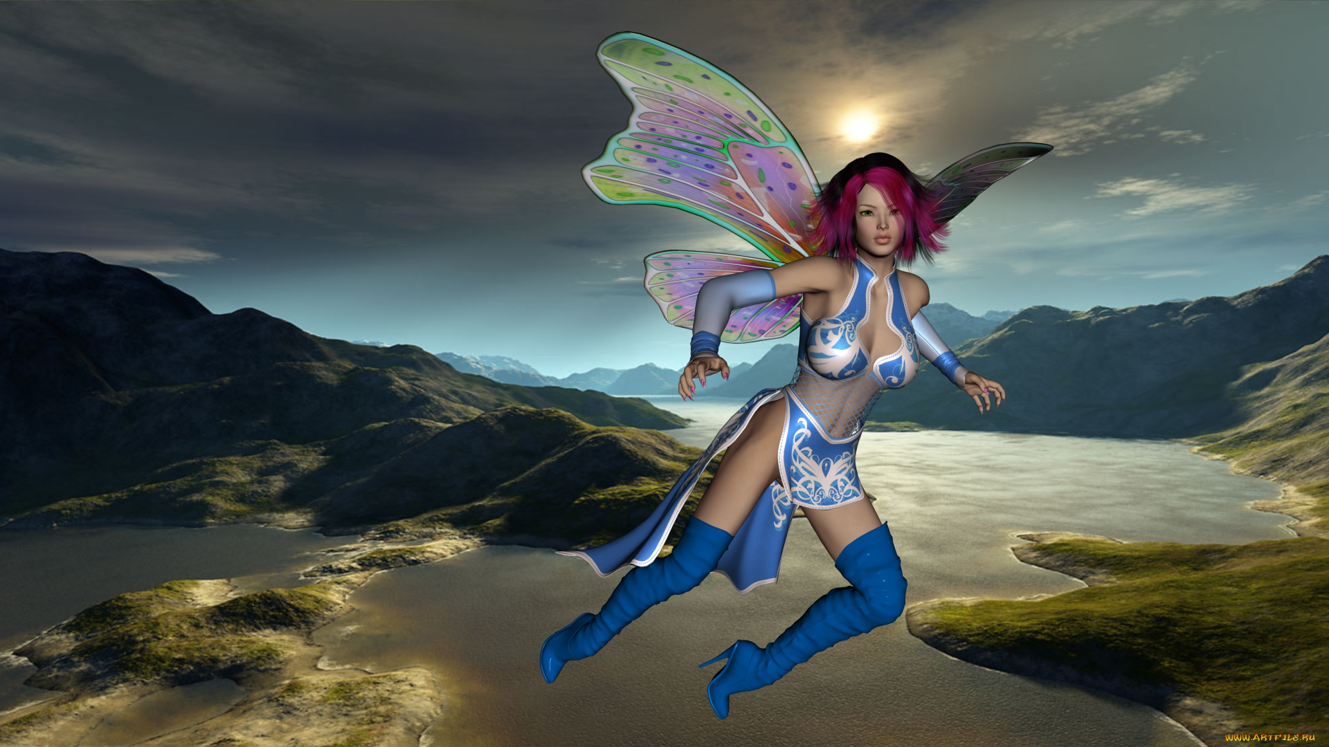 3д, графика, elves, , эльфы, полет, крылья, эльфийка