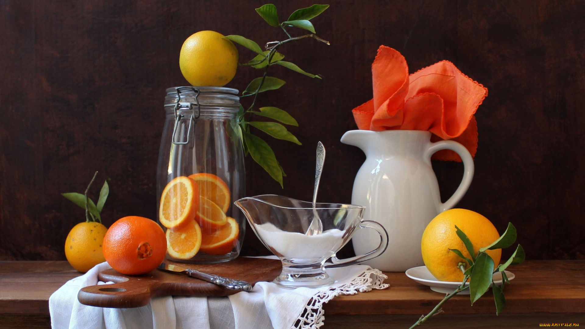 еда, цитрусы, кувшин, апельсины