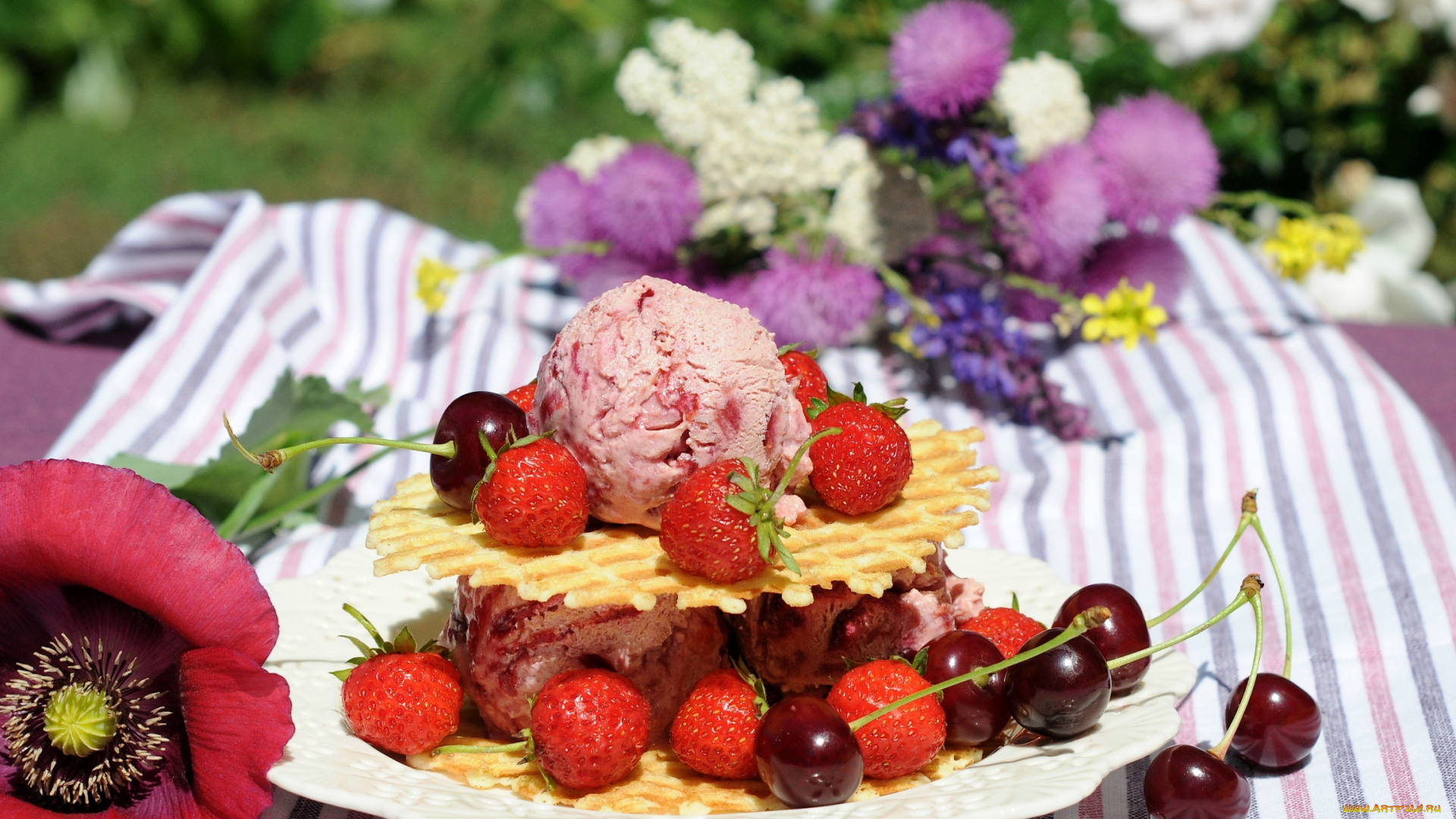 еда, мороженое, , десерты, клубника, вишня