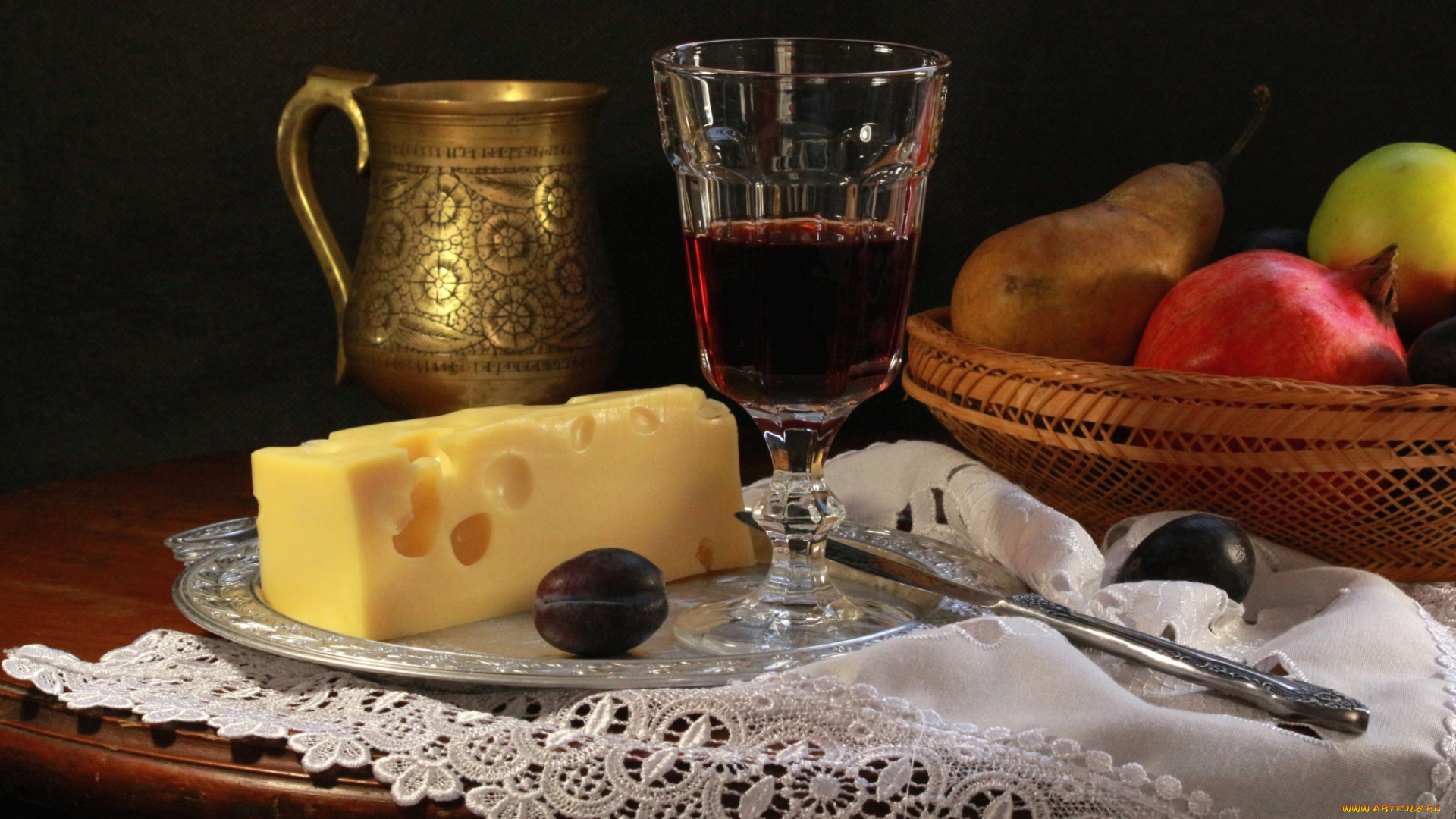 еда, натюрморт, фрукты, вино, сыр