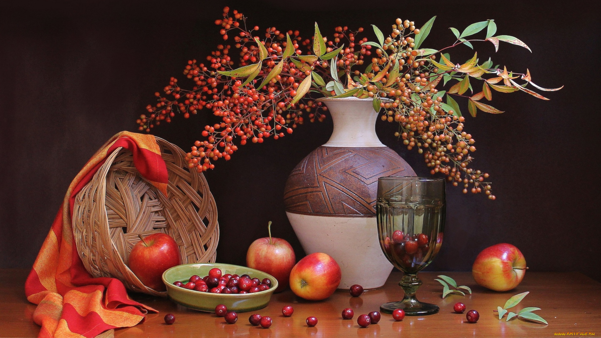 еда, натюрморт, клюква, яблоки