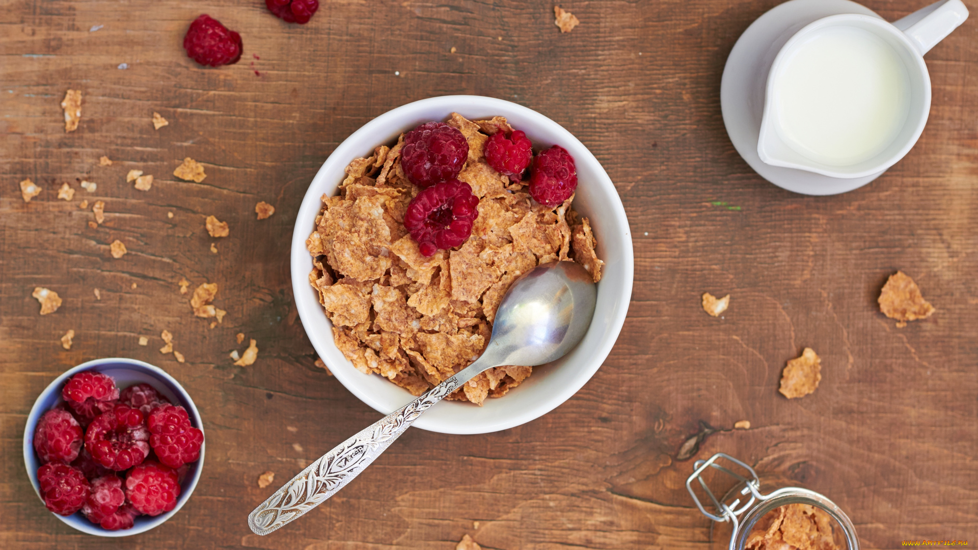 еда, разное, молоко, хлопья, малина