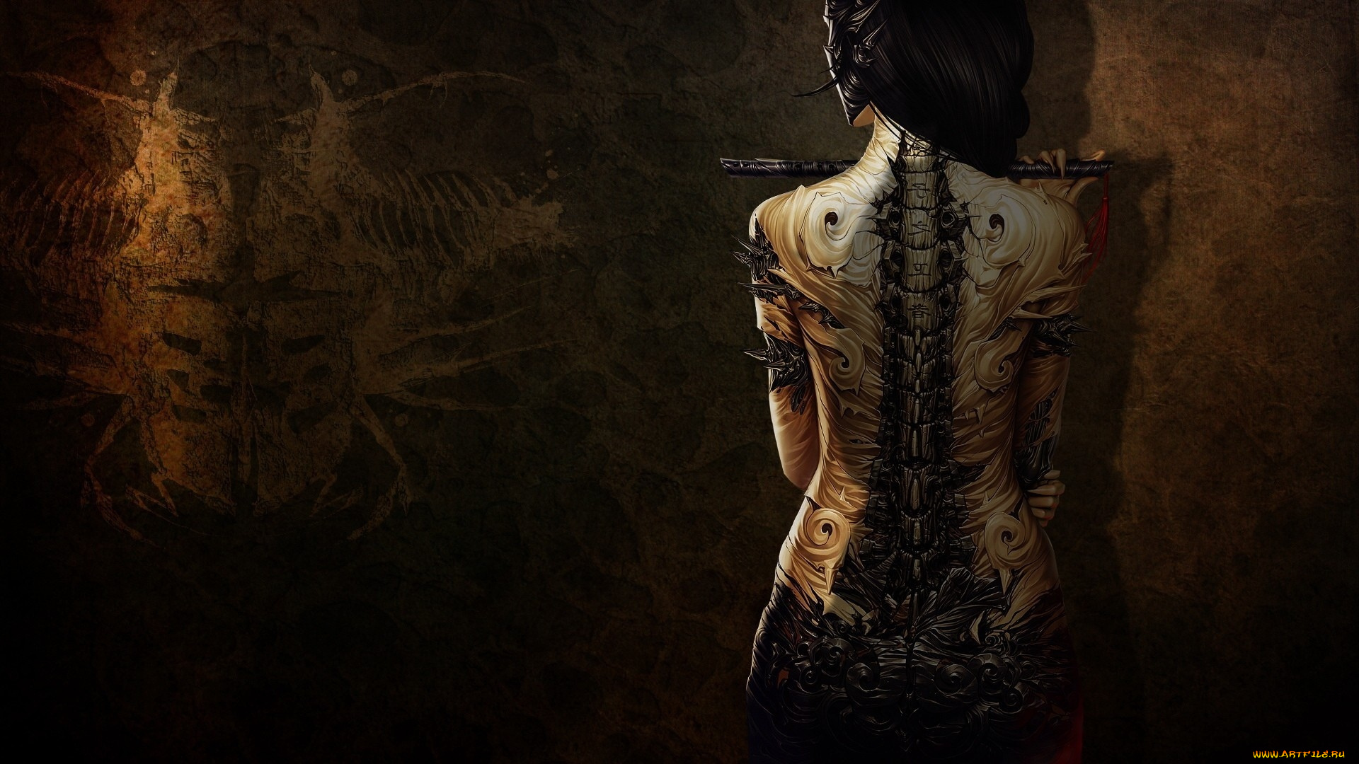 фэнтези, девушки, тело, тату, флейта