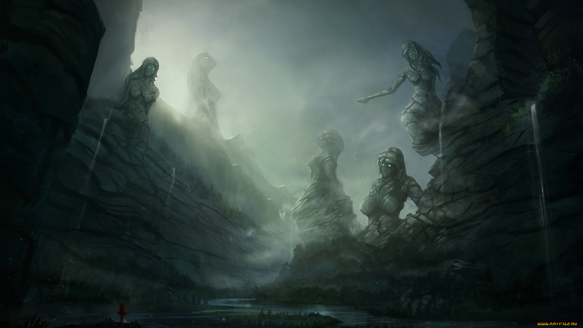 фэнтези, иные, миры, , иные, времена, река, водопады, пещера, ущелье, статуи, гигантские