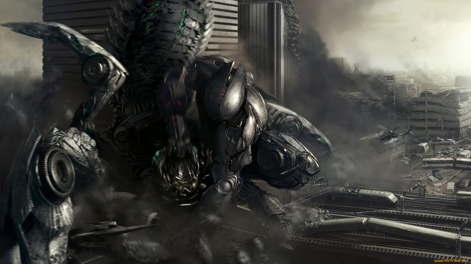 фэнтези, роботы, , киборги, , механизмы, город, разрушенный, вертолеты, будущее, атака, битва