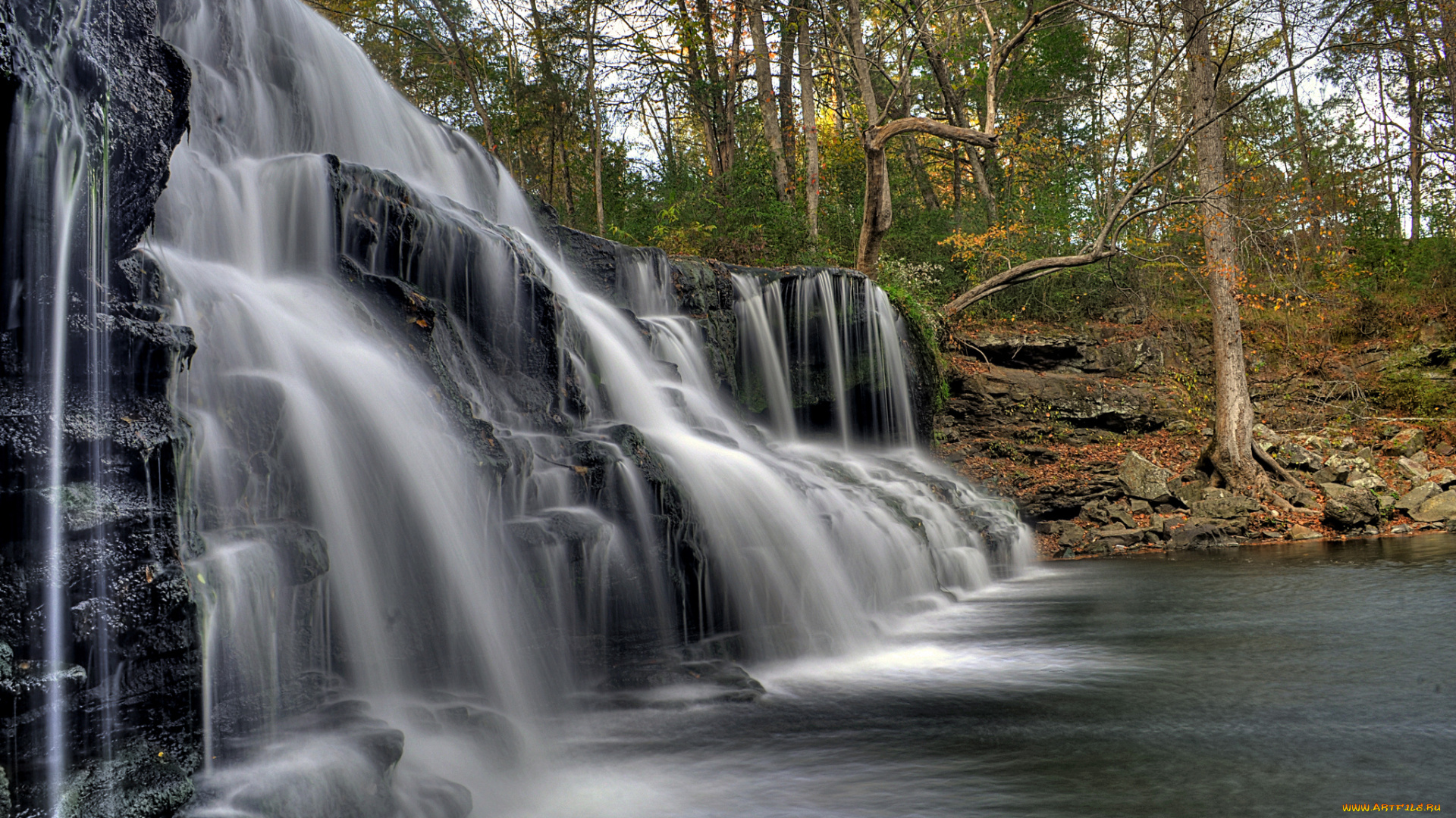 природа, водопады, водопад, обрыв, река, лес