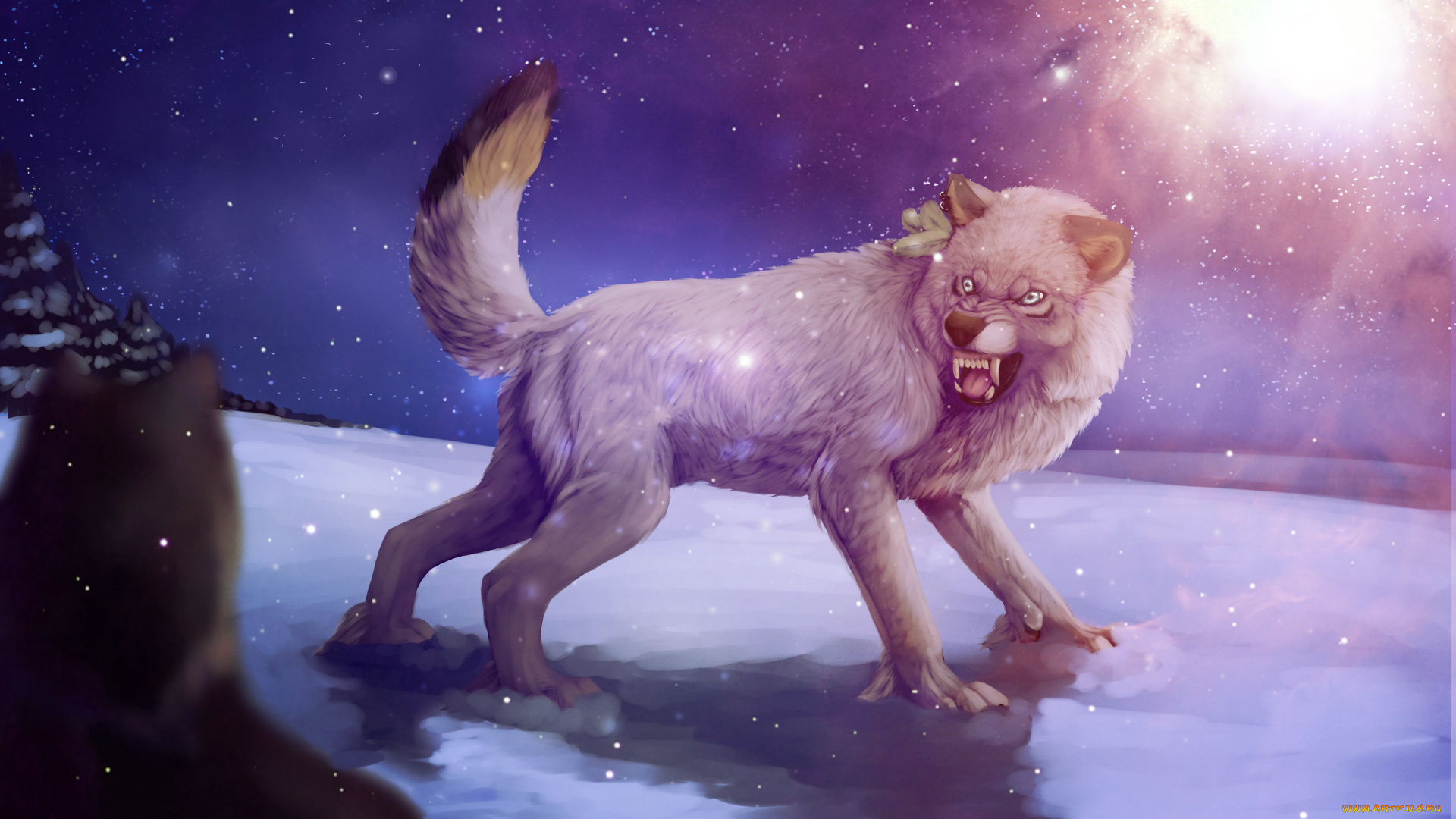 рисованные, животные, , сказочные, , мифические, клыки, снег, волк