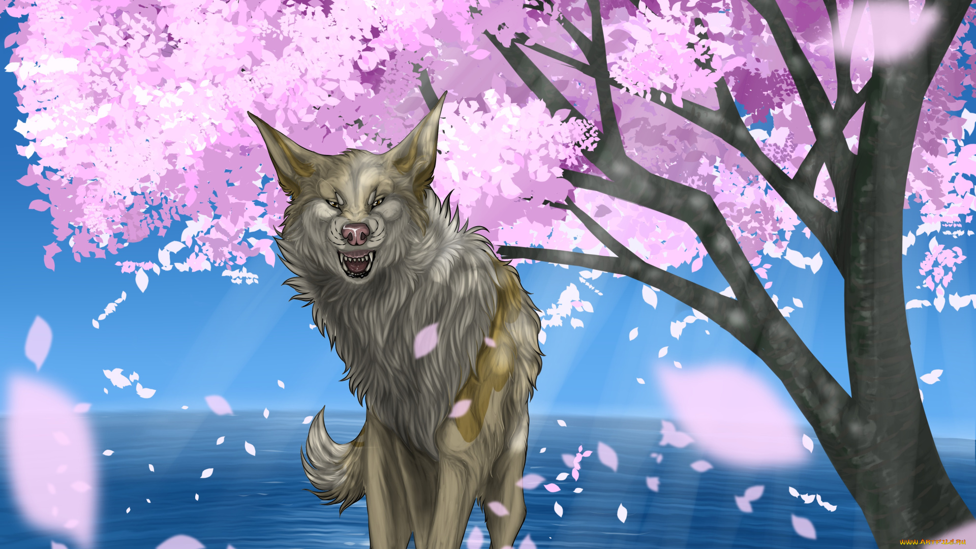 рисованные, животные, , сказочные, , мифические, сакура, волк