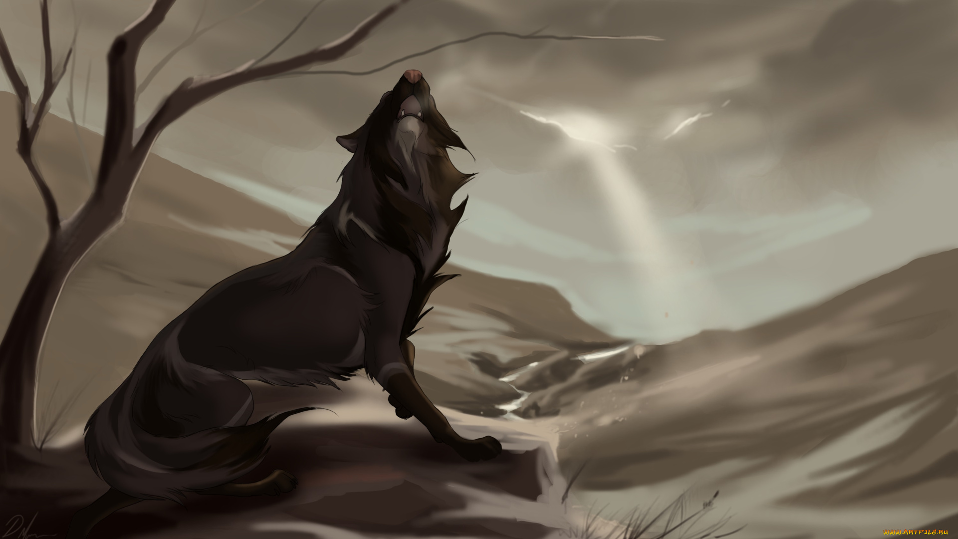 рисованные, животные, , волки, дерево, волк