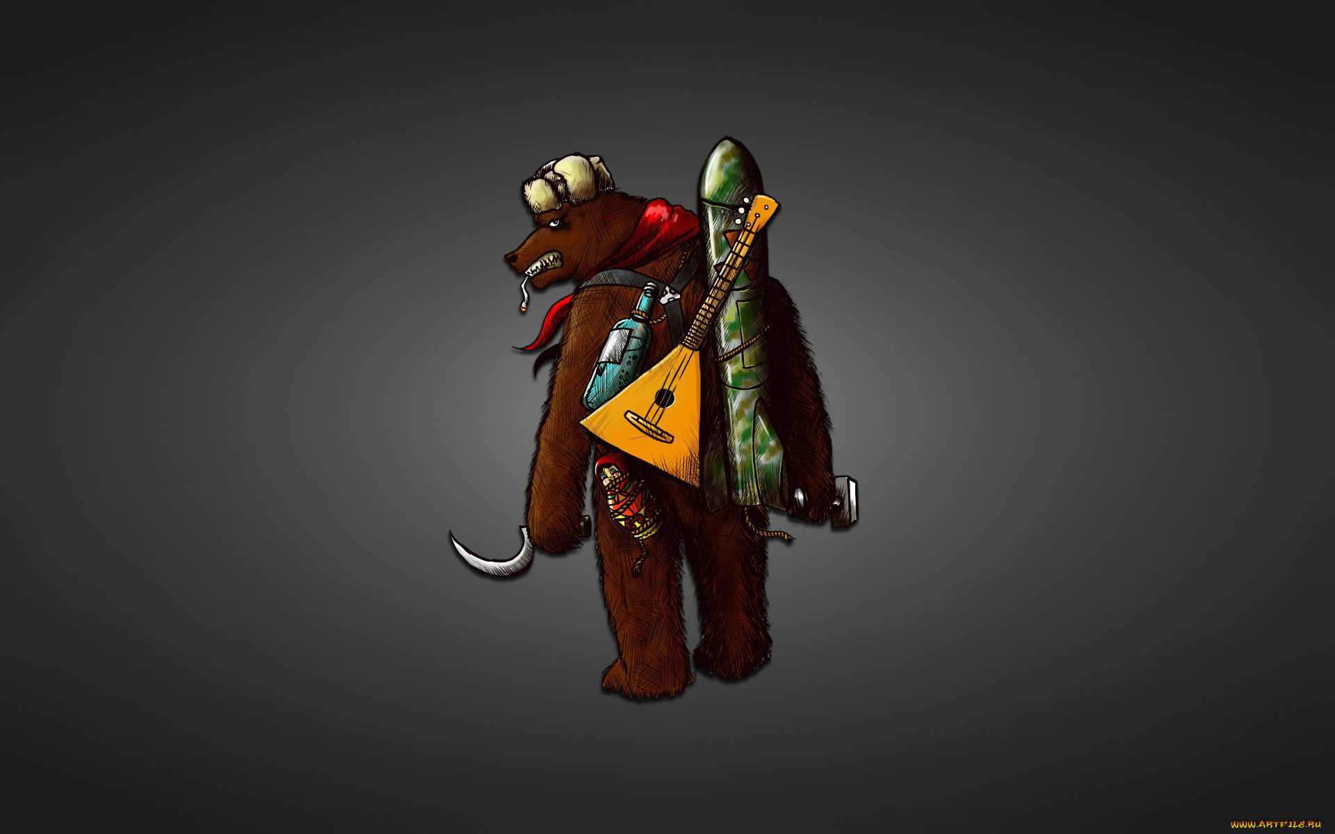 медведь, рисованные, минимализм, оружие, балалайка, ракета, сигарета, серп, молот