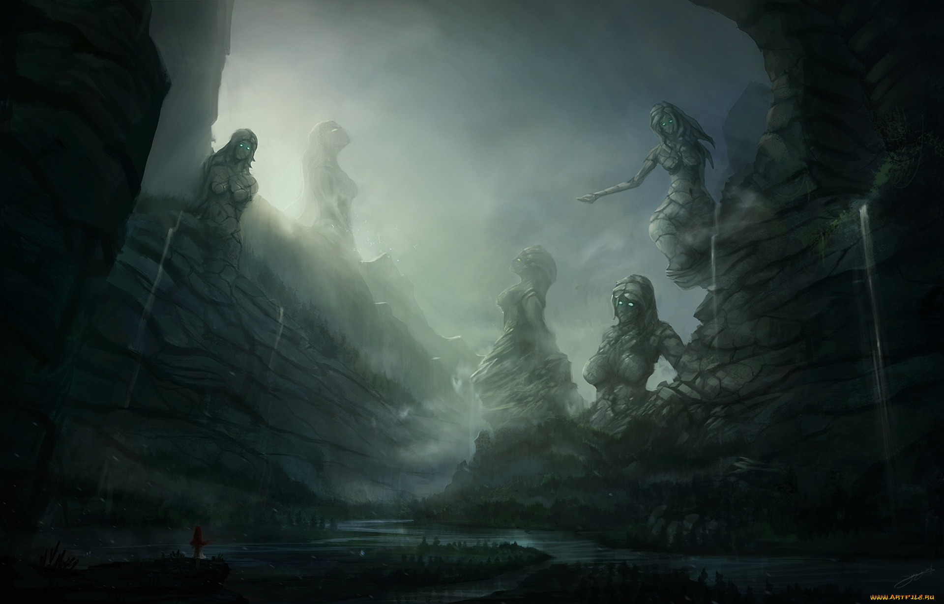 фэнтези, иные, миры, , иные, времена, река, водопады, пещера, ущелье, статуи, гигантские