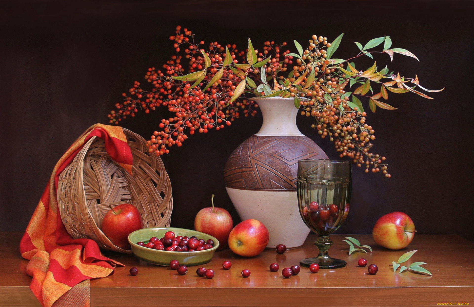еда, натюрморт, клюква, яблоки