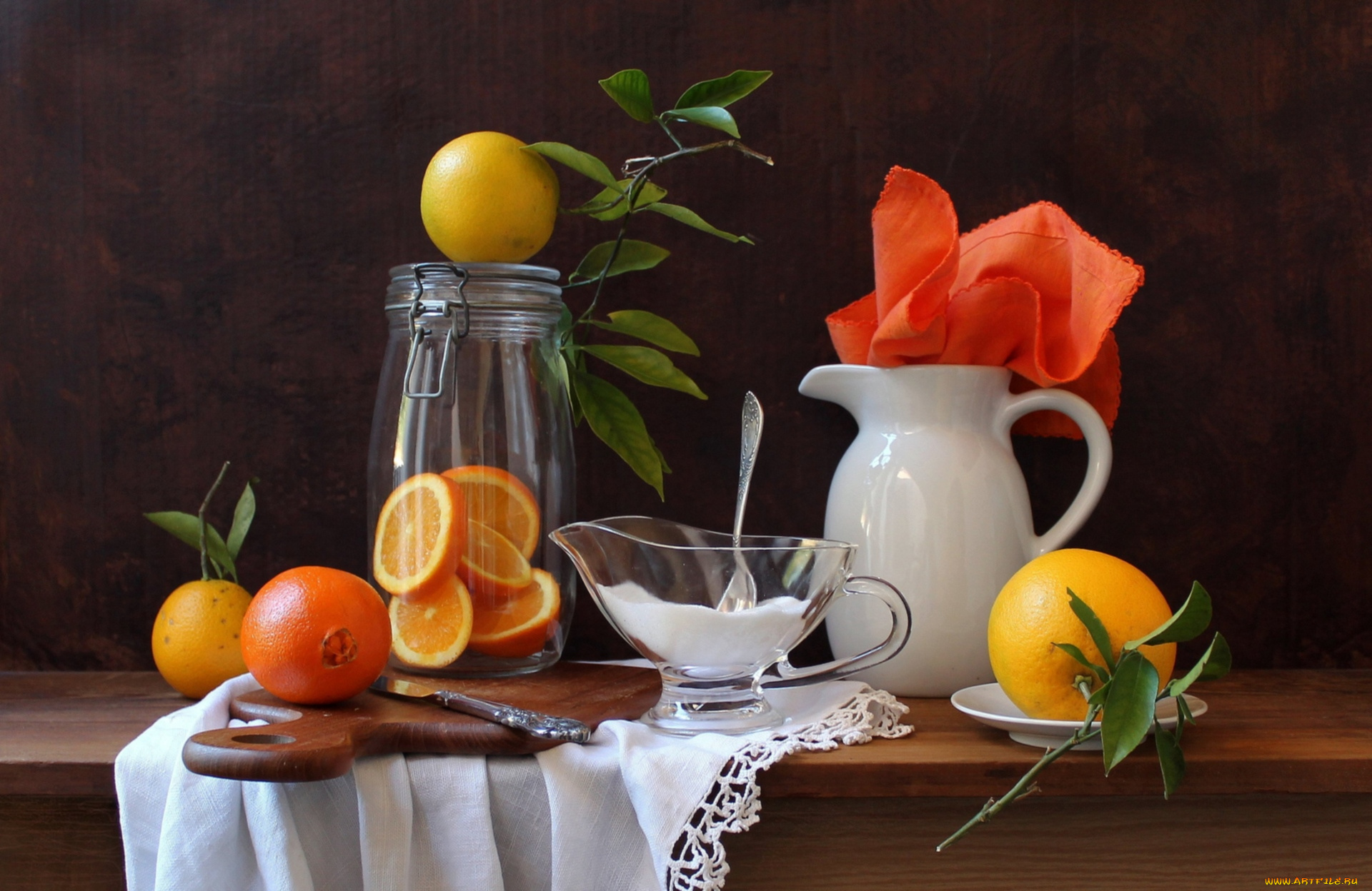 еда, цитрусы, кувшин, апельсины