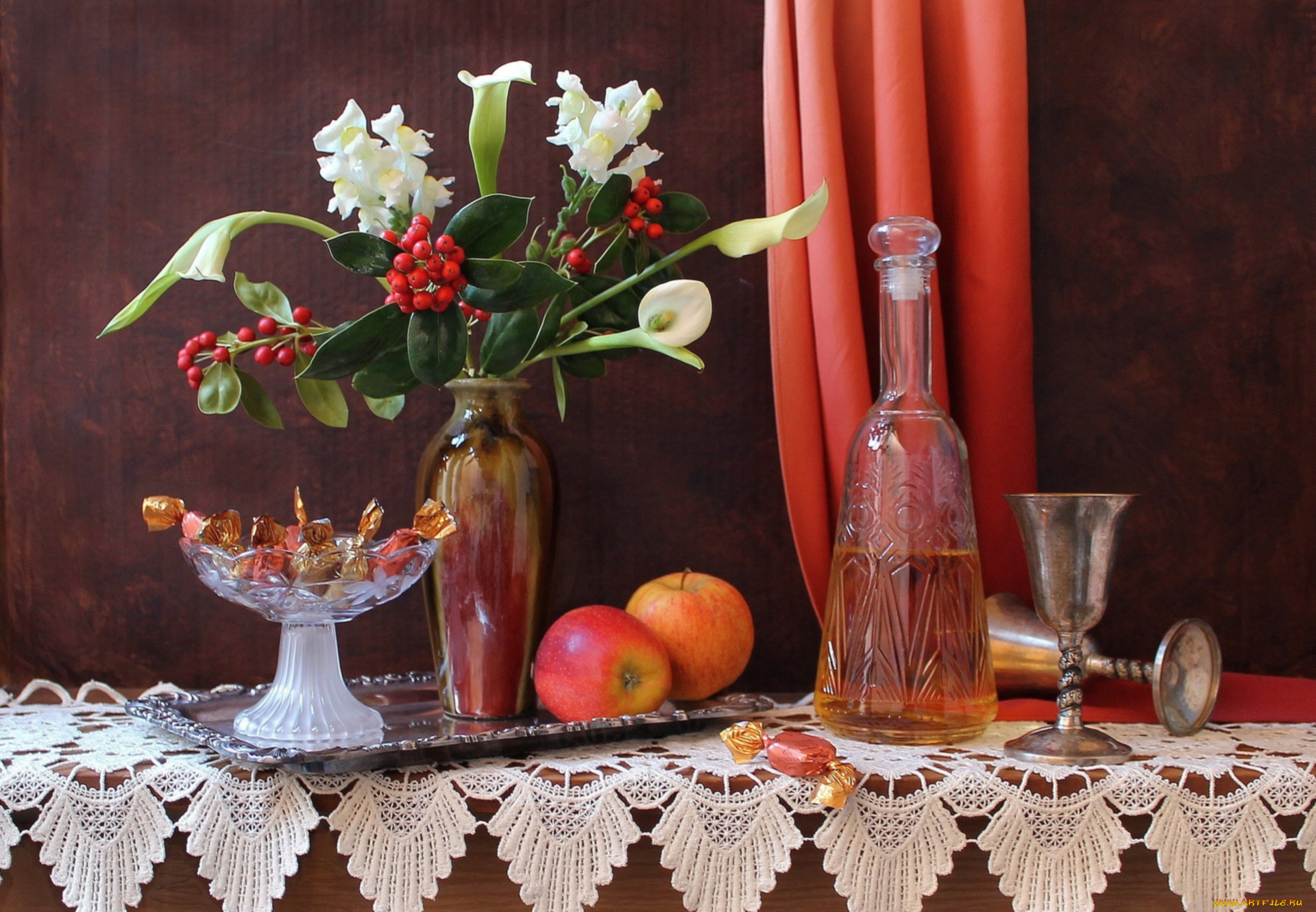 еда, натюрморт, яблоки, конфеты, букет
