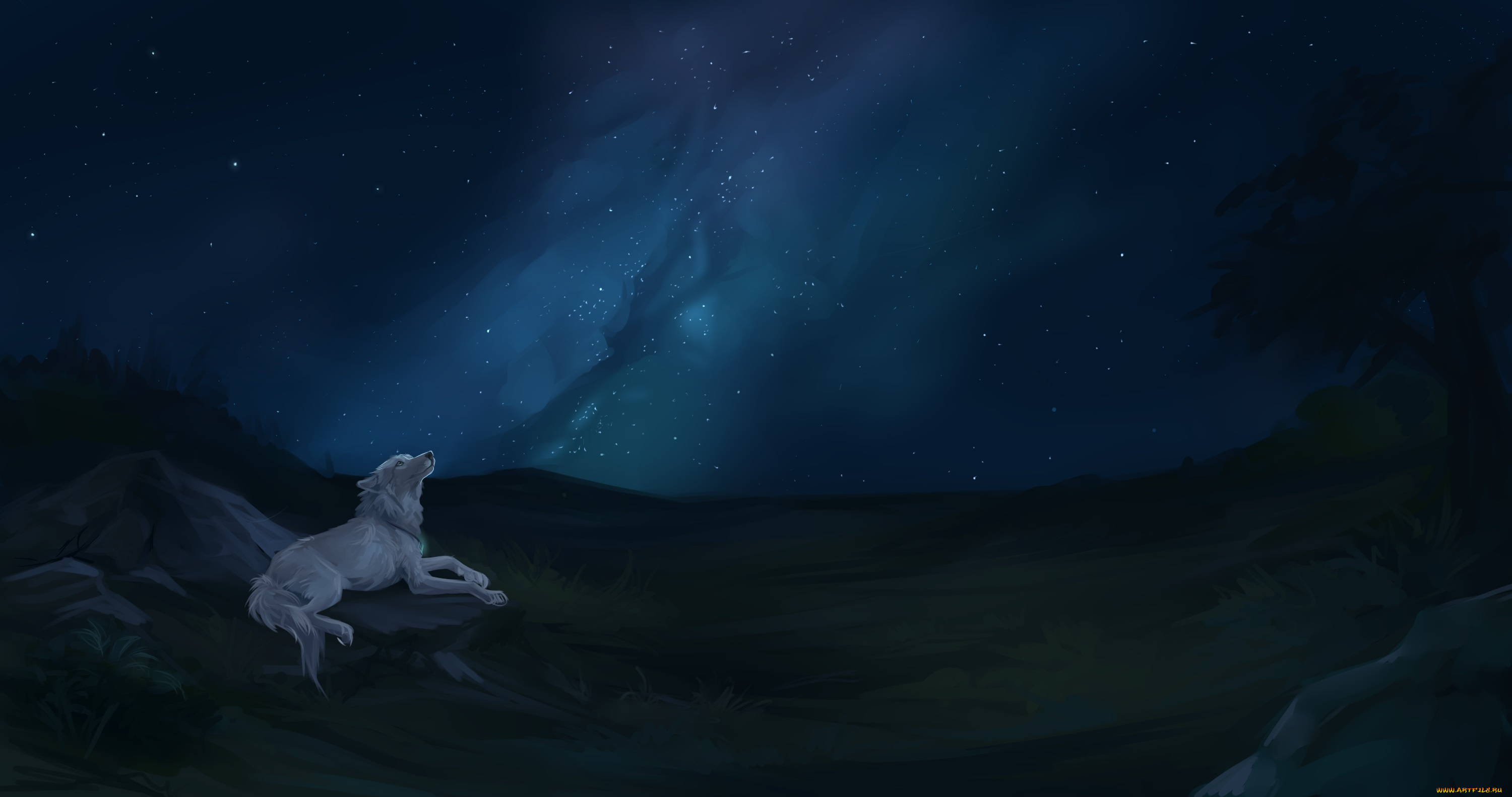 рисованные, животные, , волки, ночь, волк