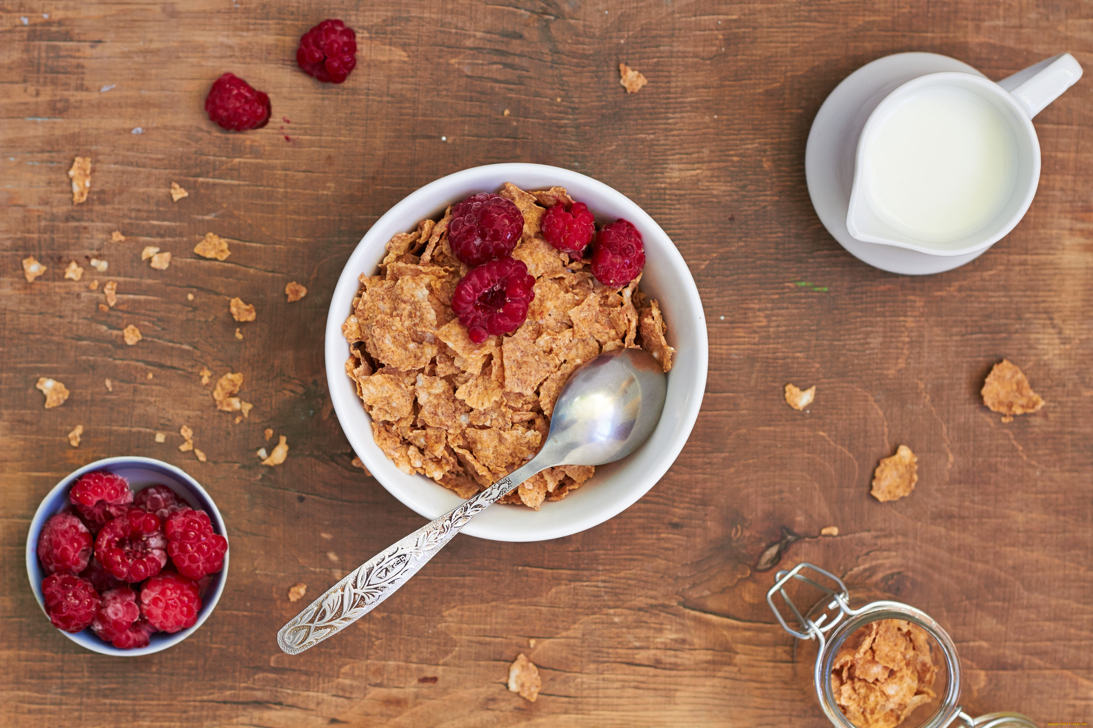 еда, разное, молоко, хлопья, малина