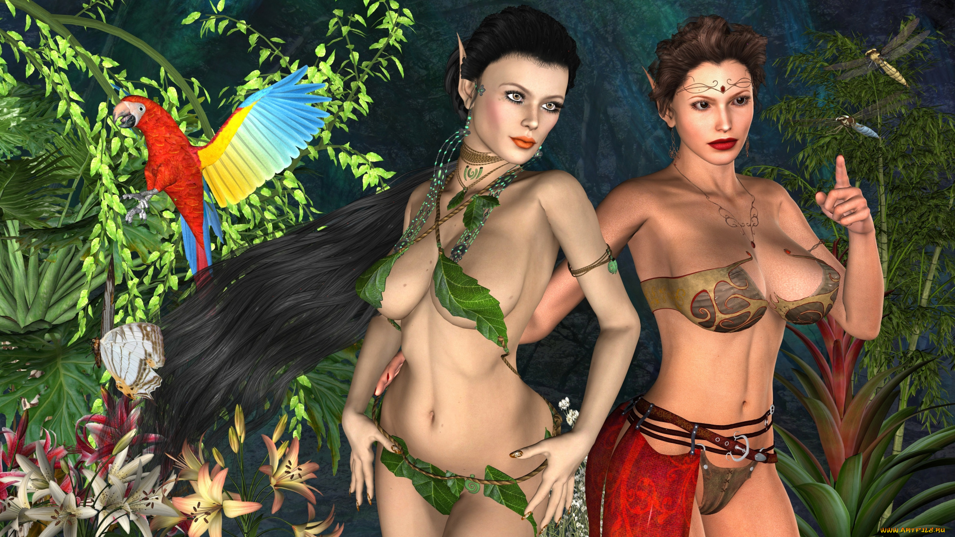 3д, графика, эльфы, , elves, взгляд, девушки, насекомие, цветы, попугай, фон