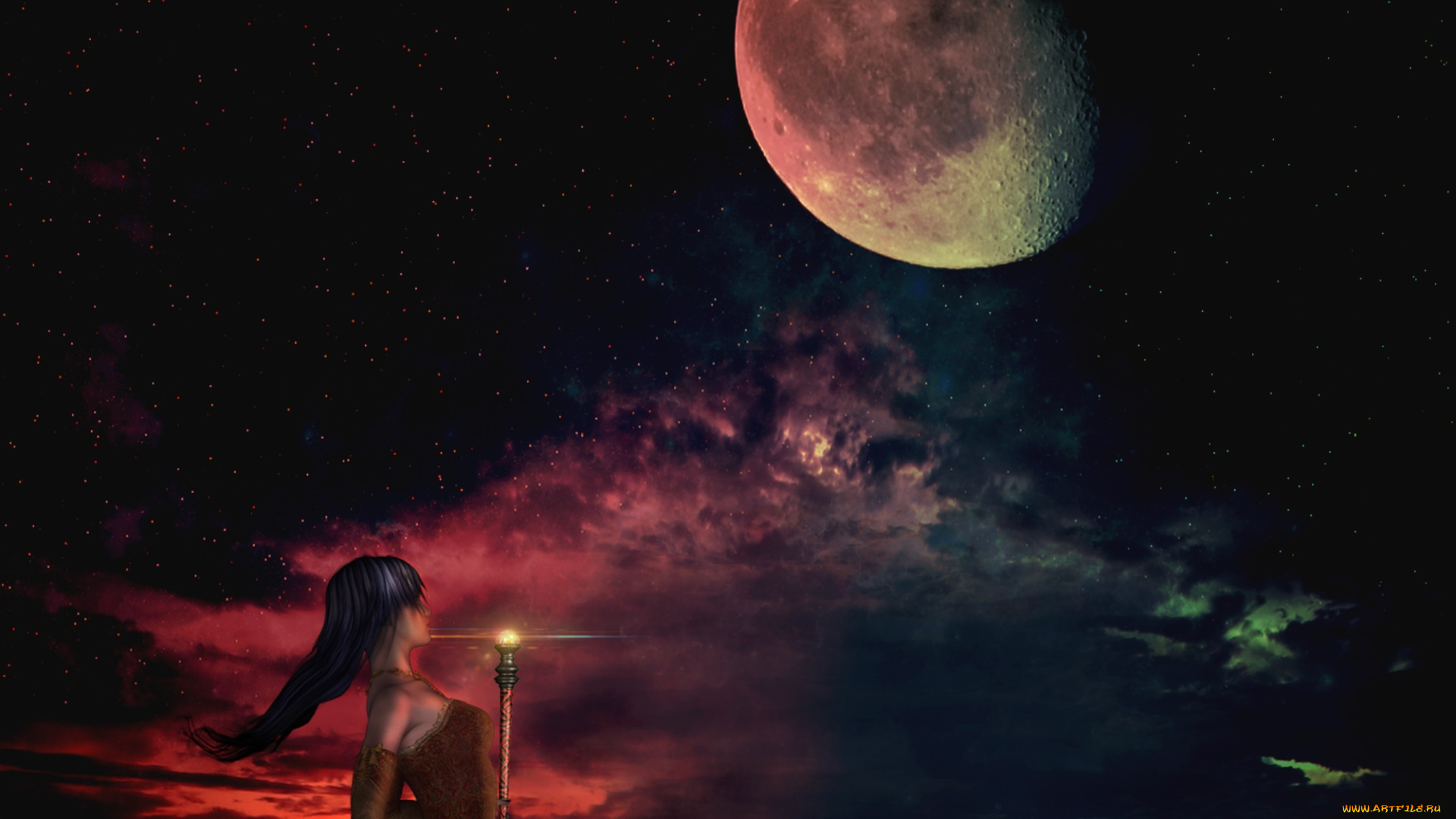 3д, графика, фантазия, , fantasy, девушка, взгляд, фон, луна