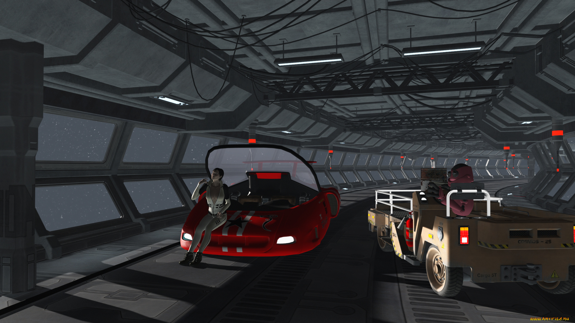 3д, графика, фантазия, , fantasy, девушка, взгляд, тонель, автомобили, фон