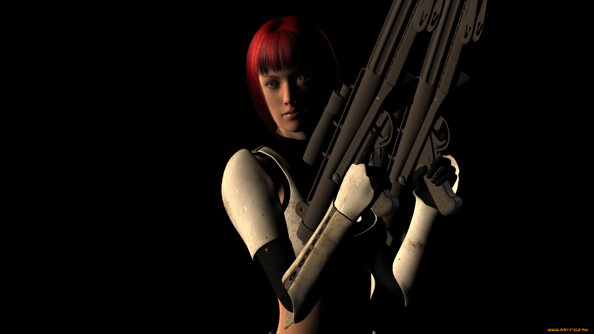 3д, графика, фантазия, , fantasy, рыжая, фон, взгляд, девушка, оружие