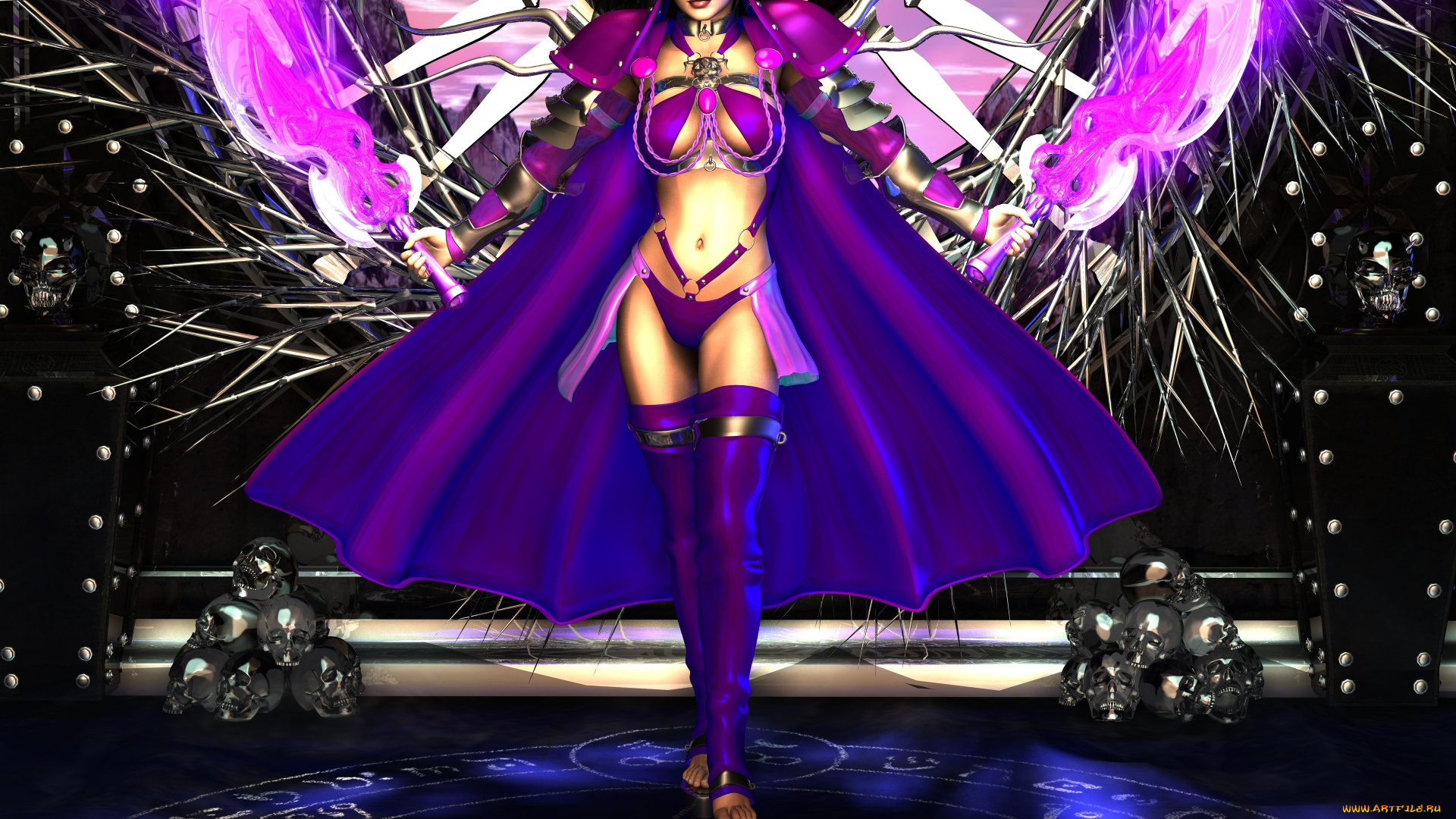 3д, графика, фантазия, , fantasy, взгляд, девушка, накидка, оружие, фон