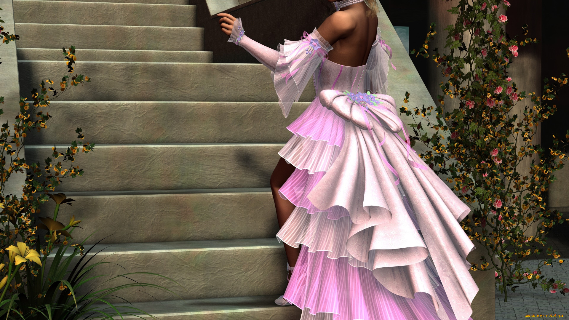 3д, графика, люди, , people, лестница, платье, фон, взгляд, девушка