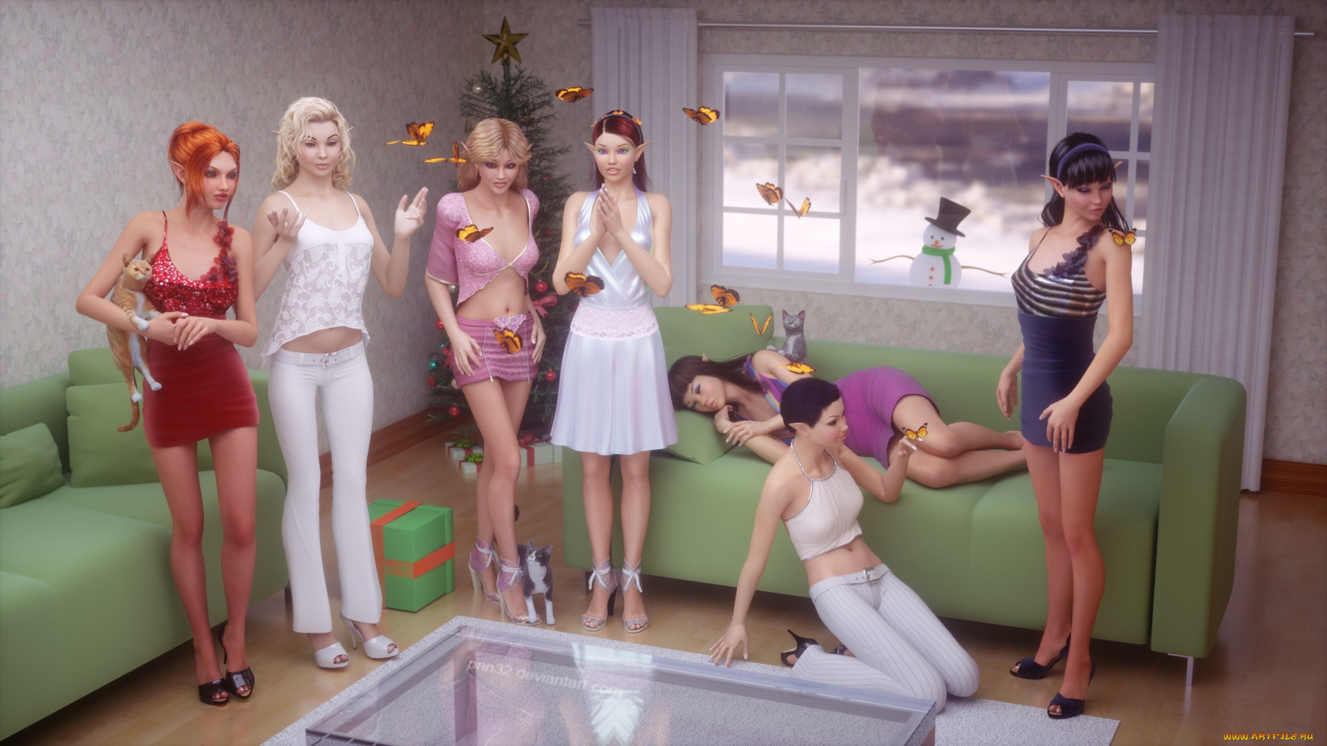 3д, графика, люди, , people, стол, комната, елка, диваны, фон, взгляд, девушки