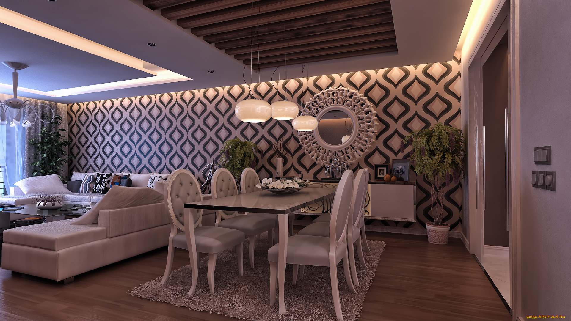 3д, графика, реализм, , realism, диваны, стулья, стол, светильники, зеркало