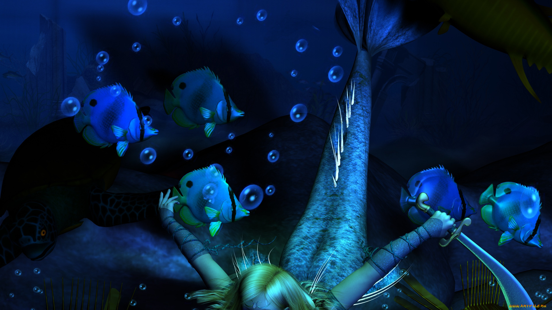 3д, графика, существа, , creatures, русалка, рыбы