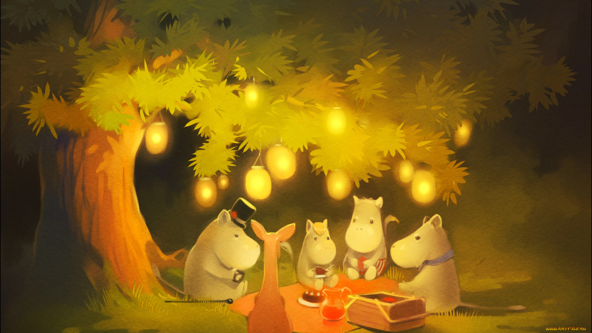 gaudibuendia, рисованное, -, другое, лес, бегемотики, свет, фонари, деревья, зелень, пикник