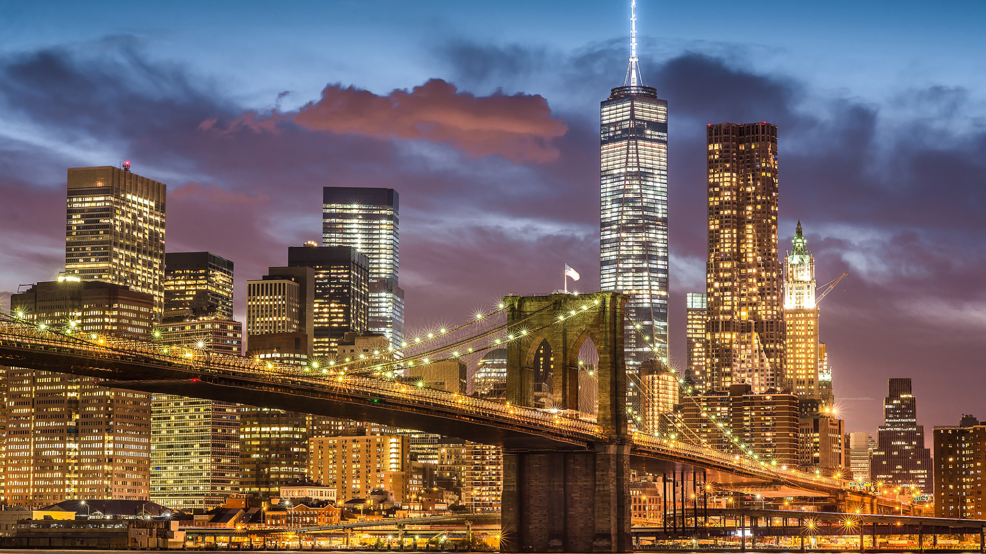 города, нью-йорк, , сша, бруклинский, мост, манхэттен, нью-йорк, город, огни