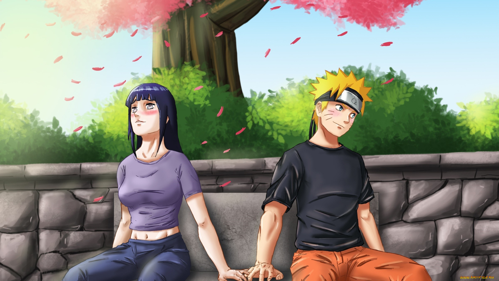 рисованное, -, , , аниме, дерево, наруто, хината, пара, девушка, парень