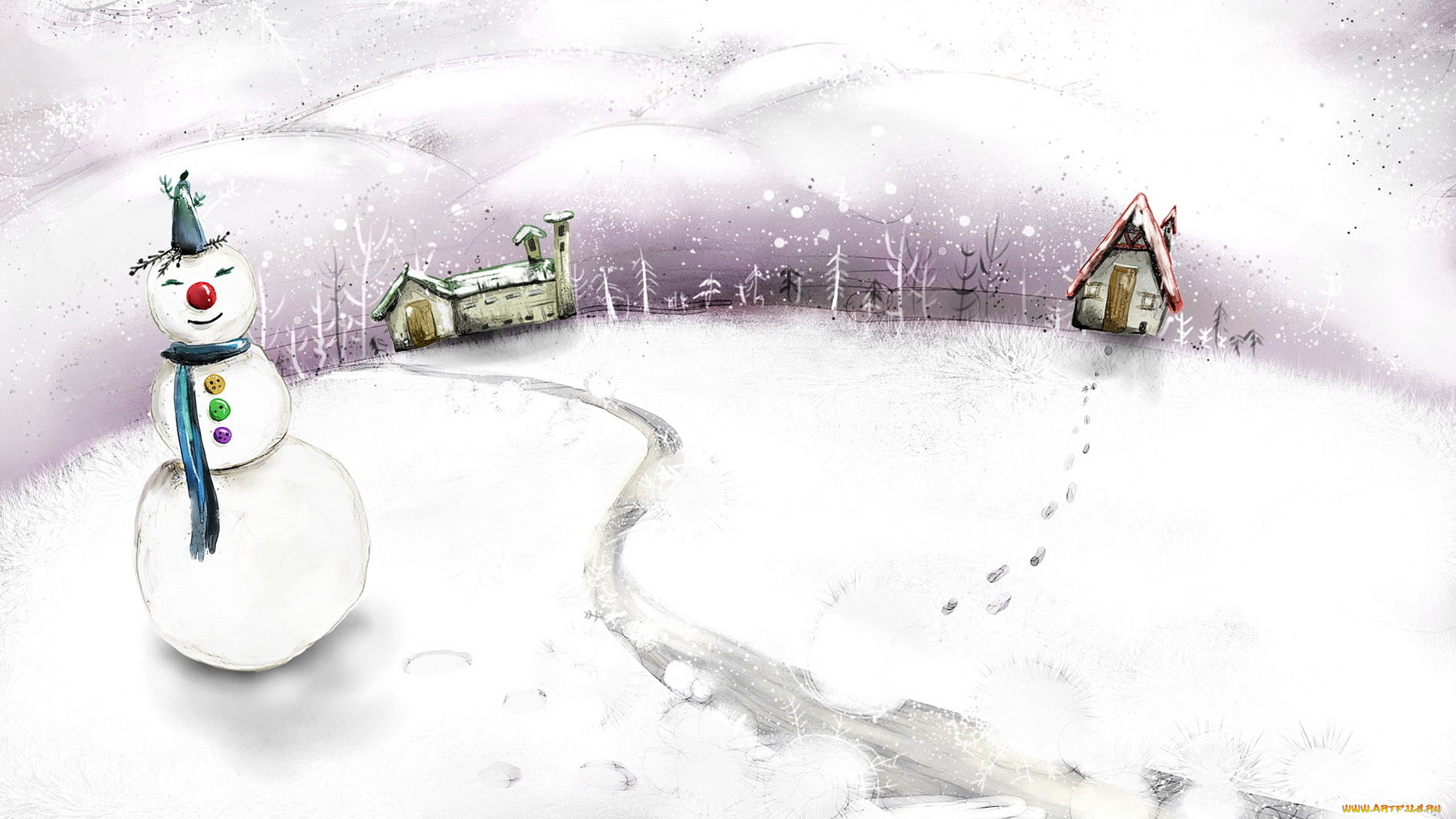 рисованное, природа, снеговик, зима, снег, следы, дома