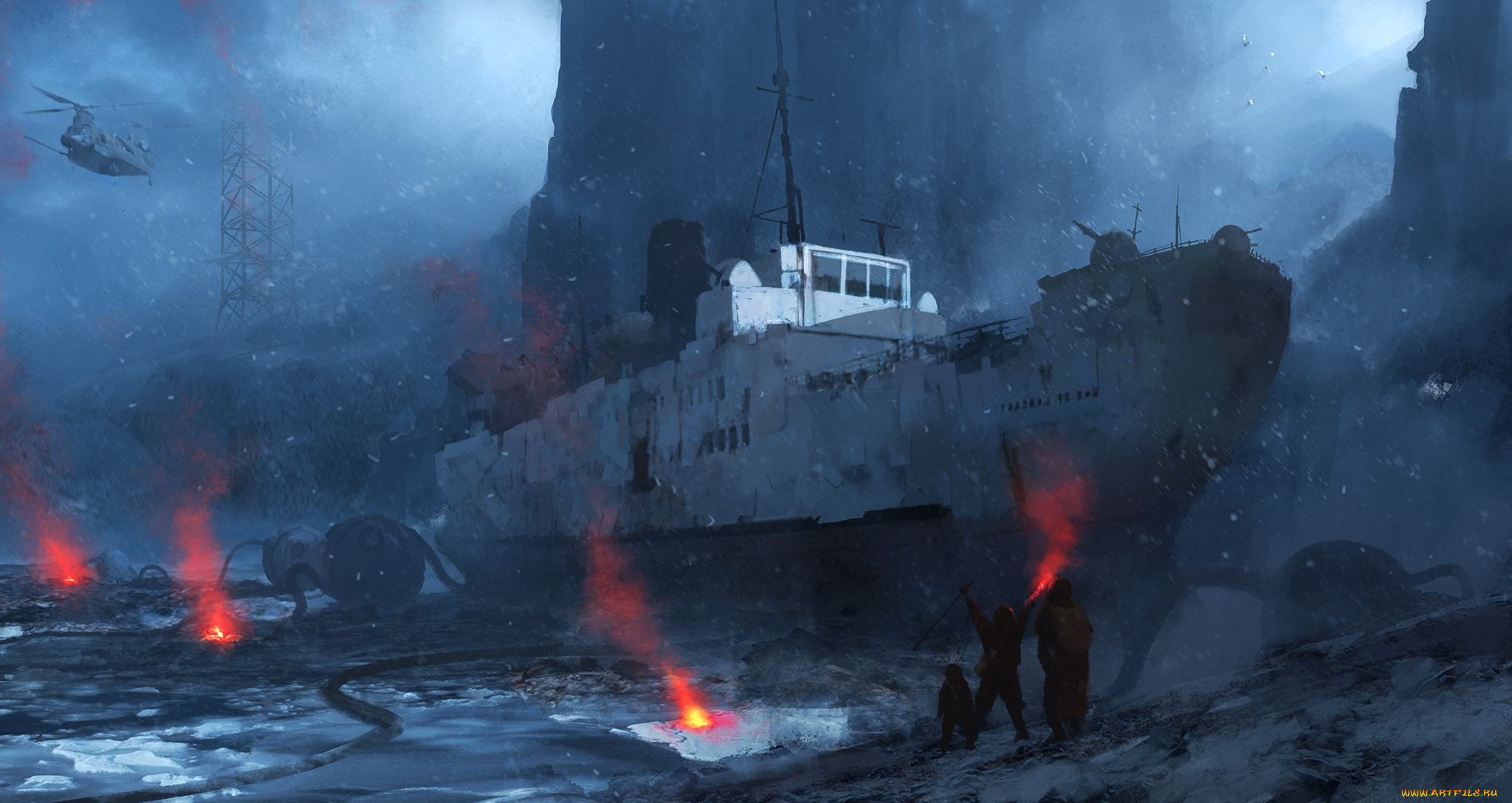 фэнтези, иные, миры, , иные, времена, корабль, море, люди, огонь, арт