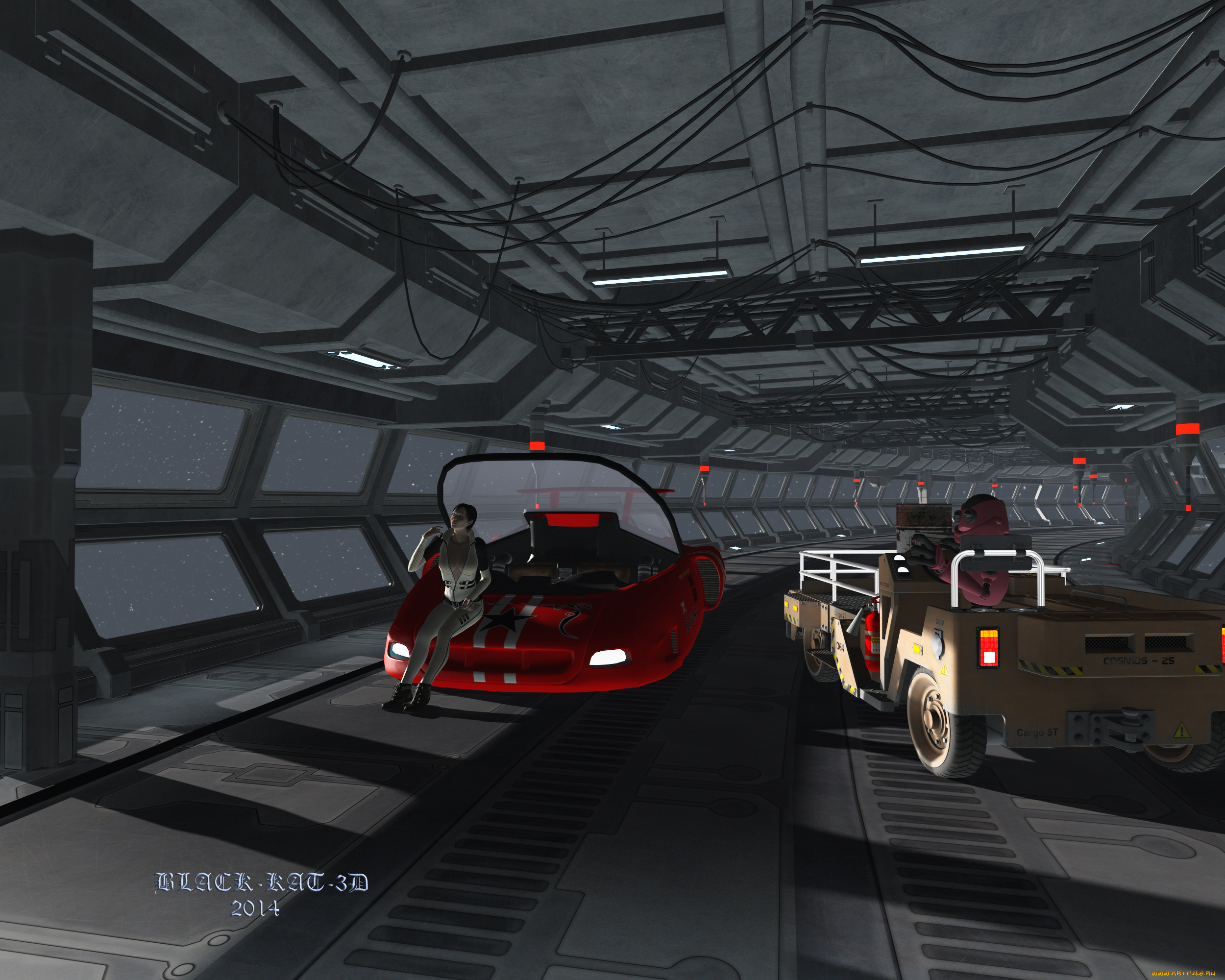 3д, графика, фантазия, , fantasy, девушка, взгляд, тонель, автомобили, фон