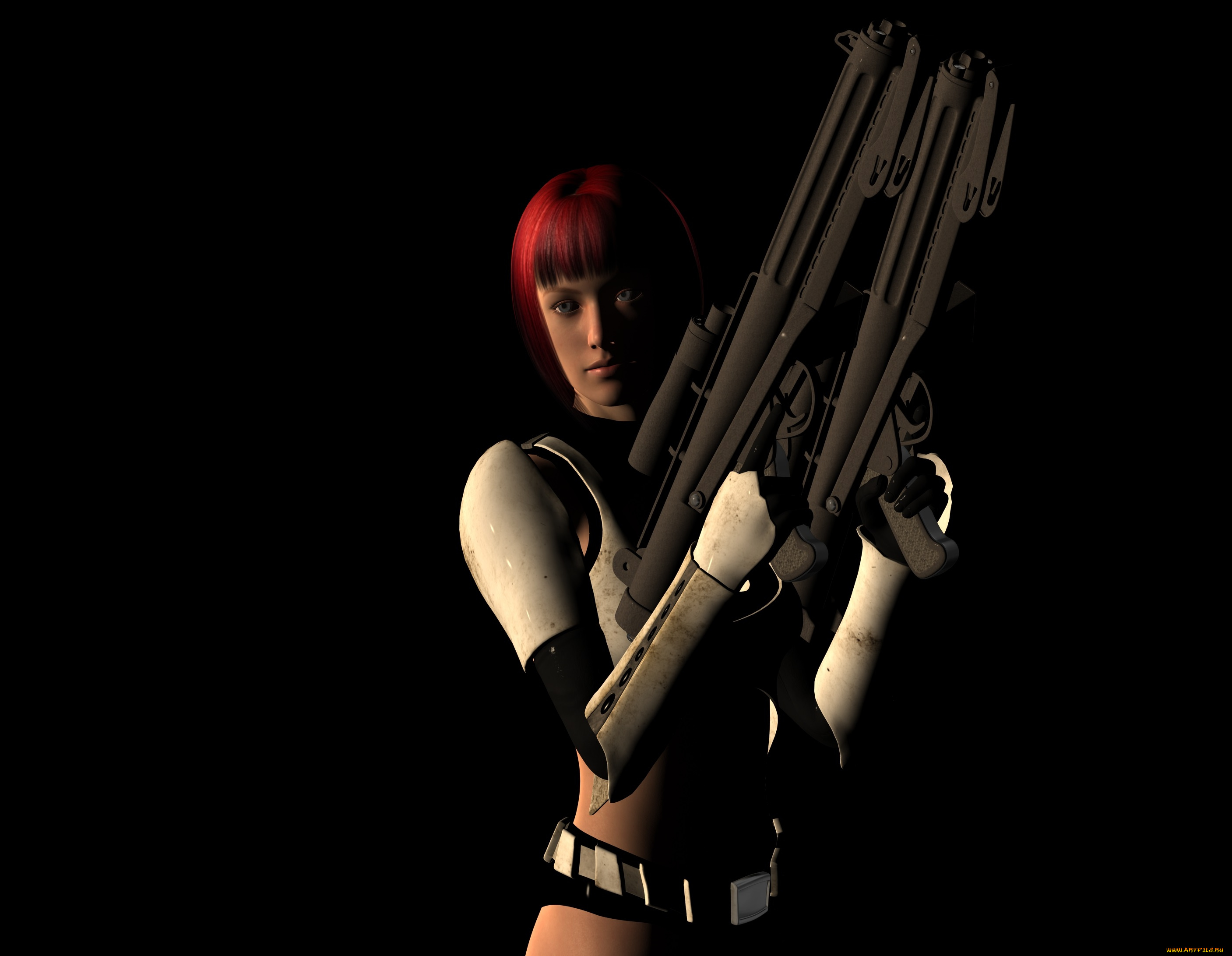 3д, графика, фантазия, , fantasy, рыжая, фон, взгляд, девушка, оружие