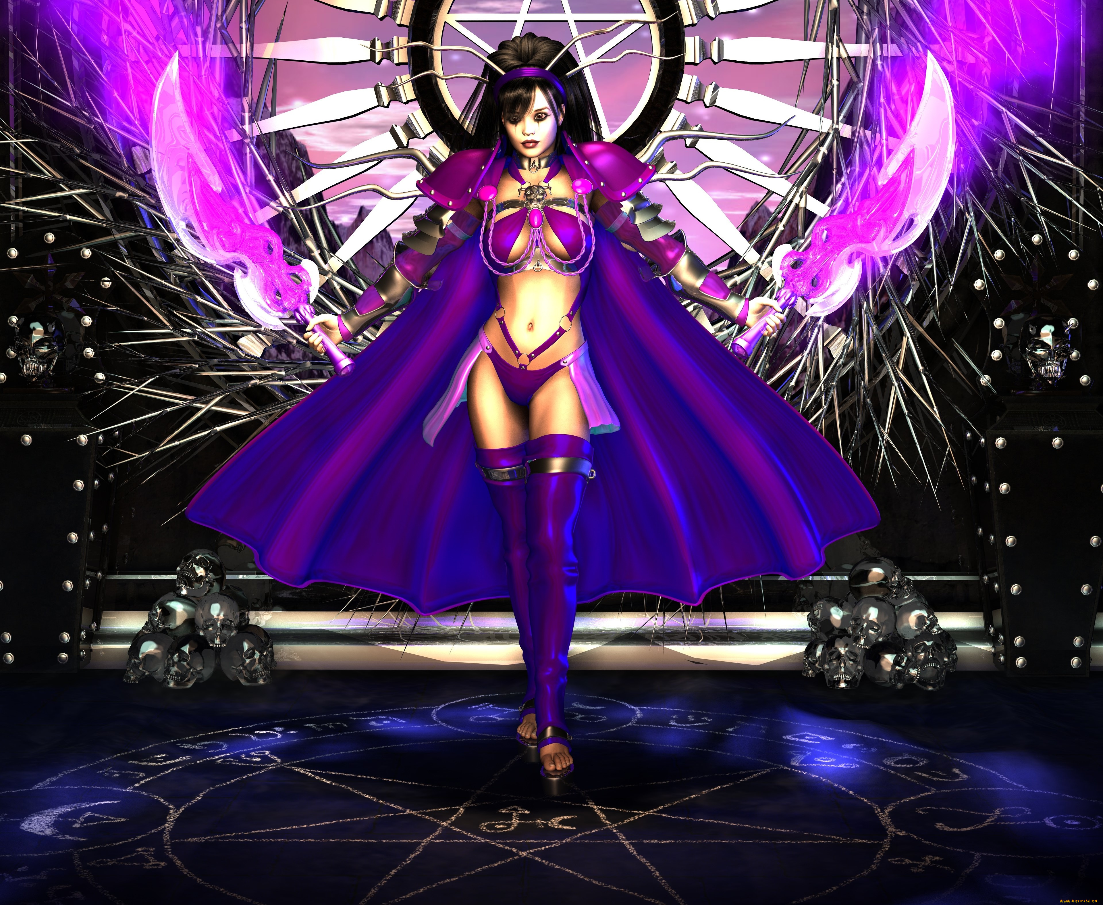 3д, графика, фантазия, , fantasy, взгляд, девушка, накидка, оружие, фон