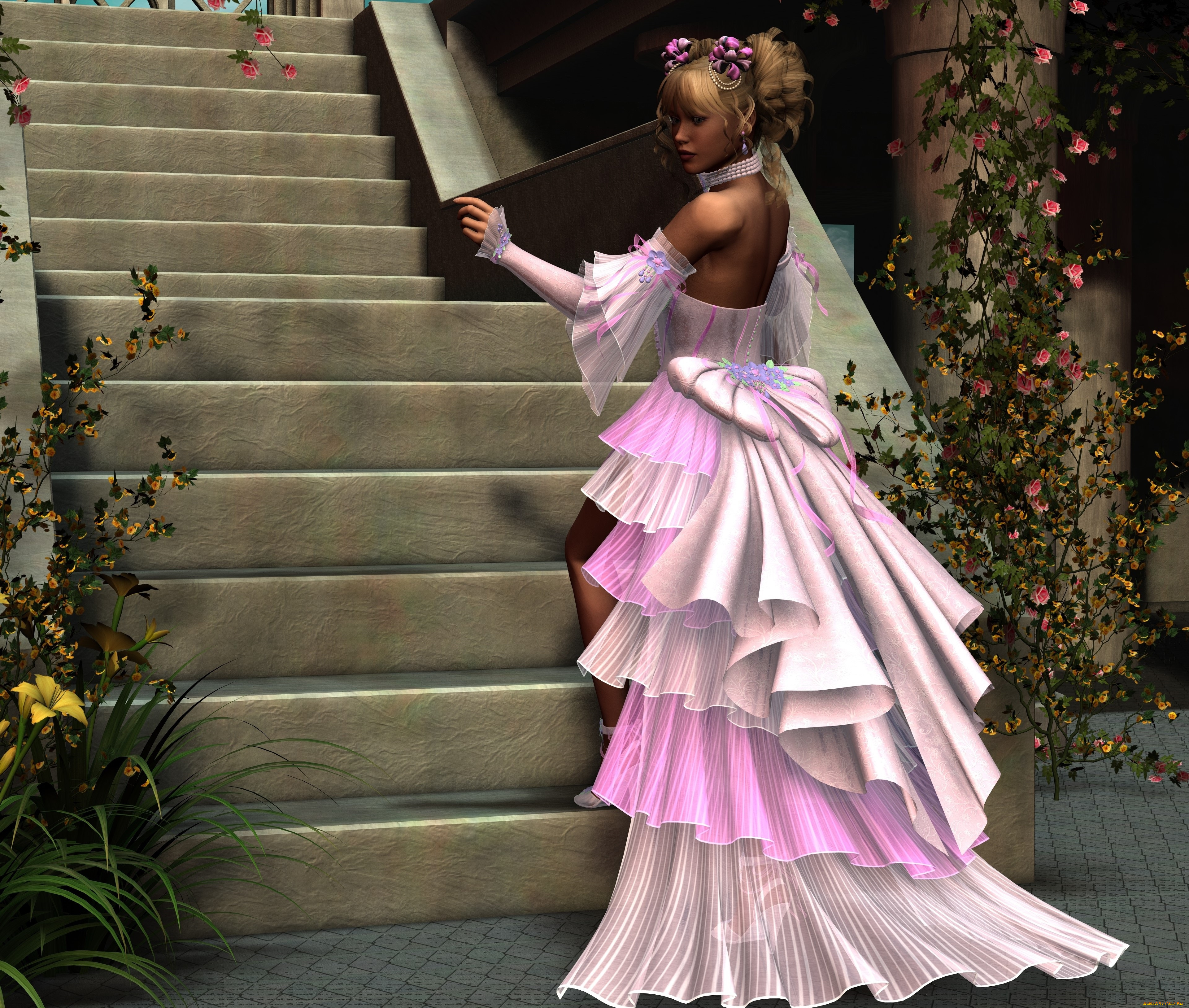 3д, графика, люди, , people, лестница, платье, фон, взгляд, девушка