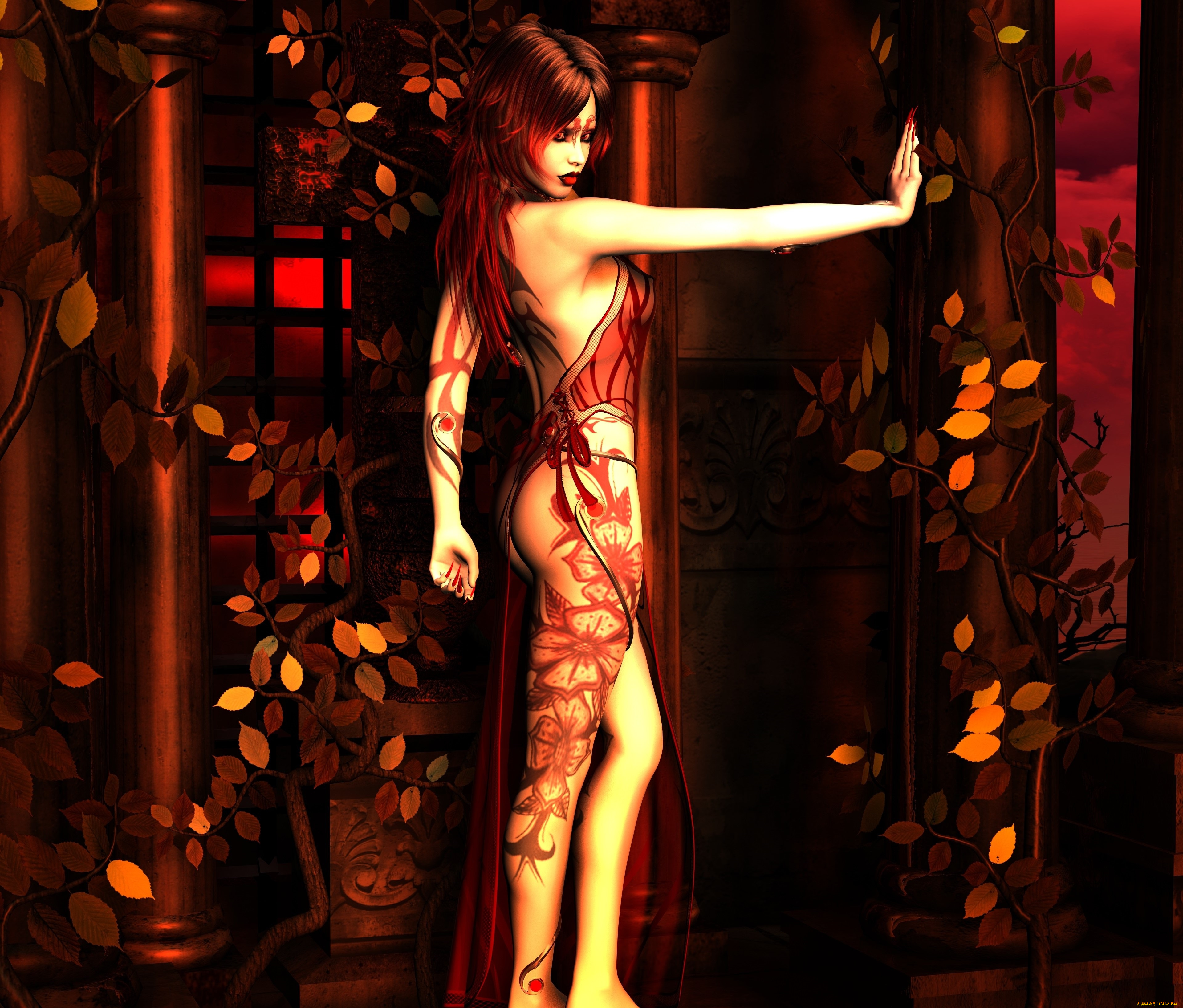 3д, графика, люди, , people, девушка, тату, фон, взгляд