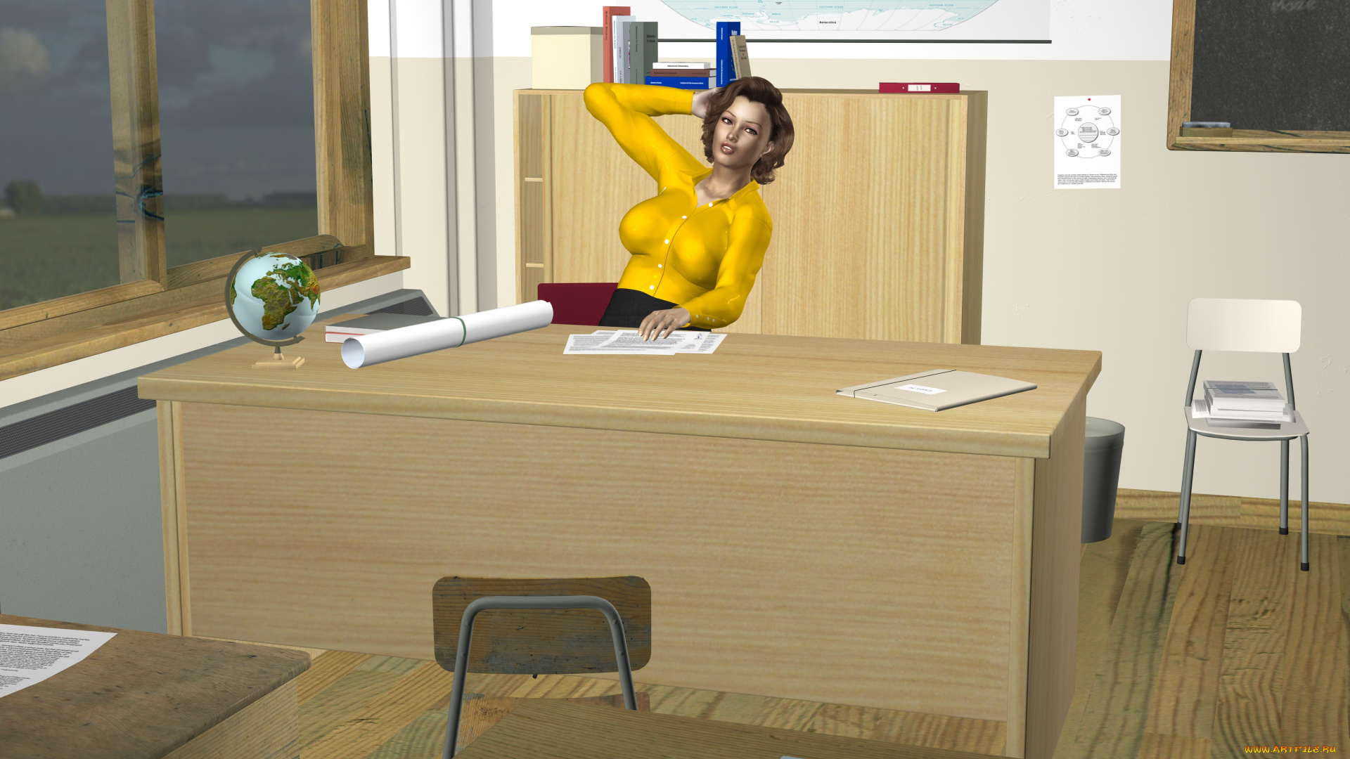 3д, графика, фантазия, , fantasy, девушка, офис, фон, взгляд