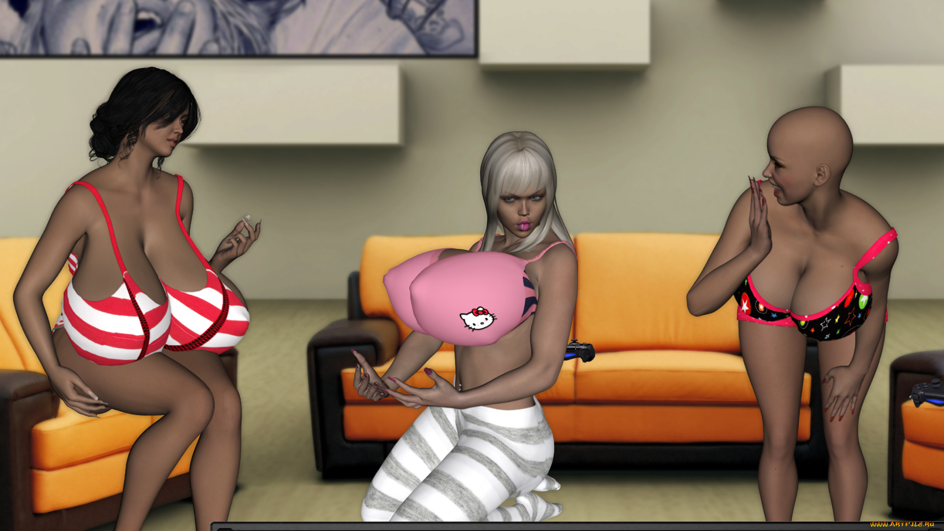 3д, графика, люди, , people, диван, фон, взгляд, девушки, интерьер, грудь