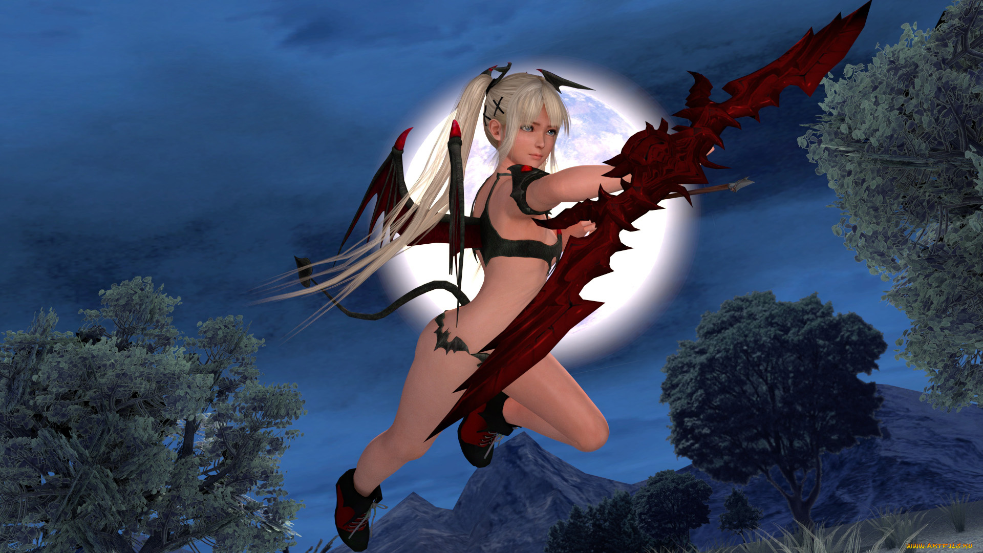 3д, графика, существа, , creatures, девушка, взгляд, фон, демон, луна, полет, оружие